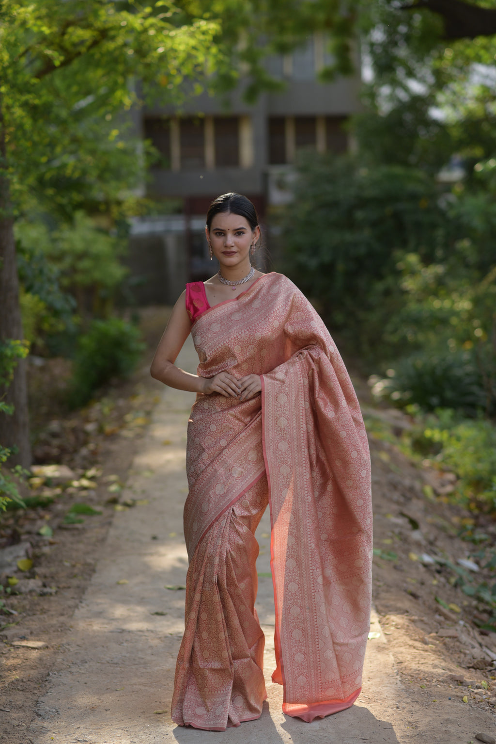 Salmon Pink Jaal Pure Handwoven Banarasi Katan Silk Saree
