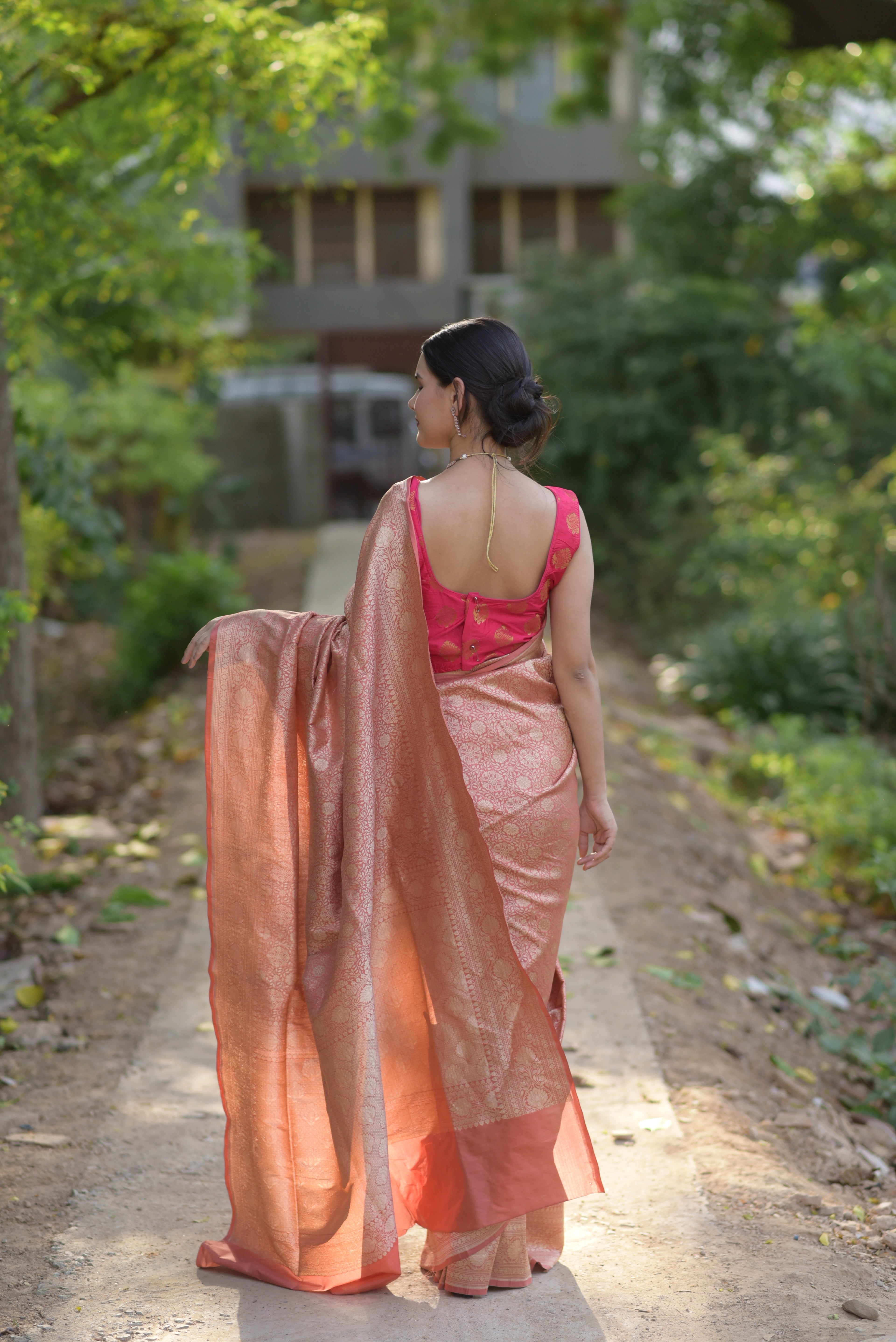 Salmon Pink Jaal Pure Handwoven Banarasi Katan Silk Saree