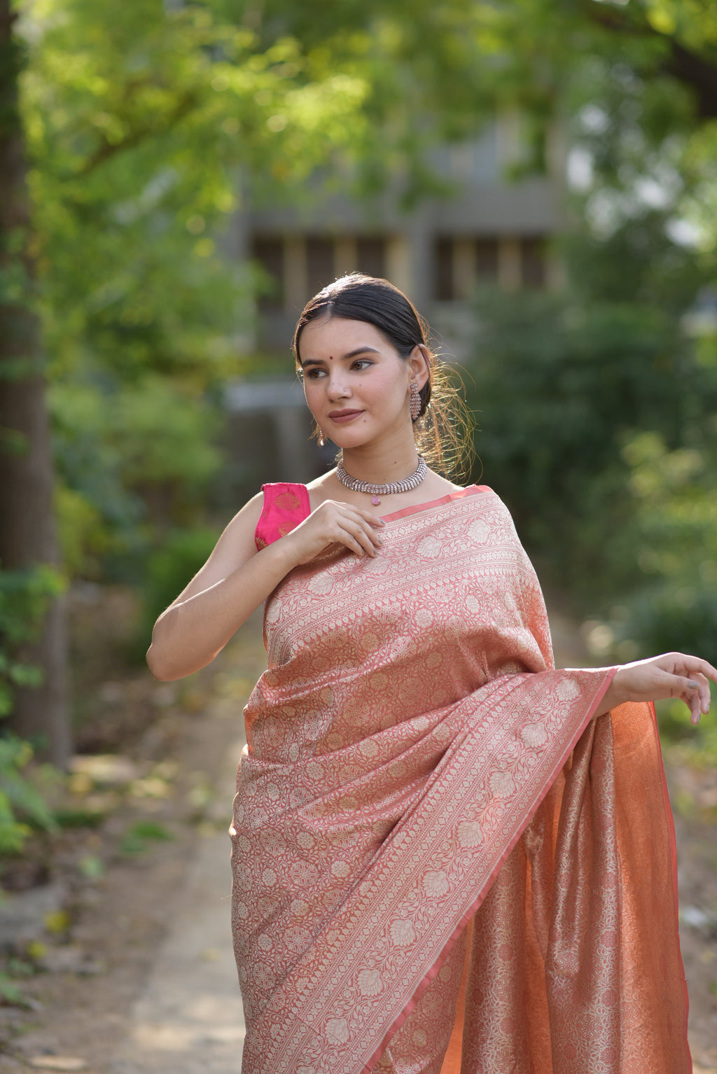 Salmon Pink Jaal Pure Handwoven Banarasi Katan Silk Saree