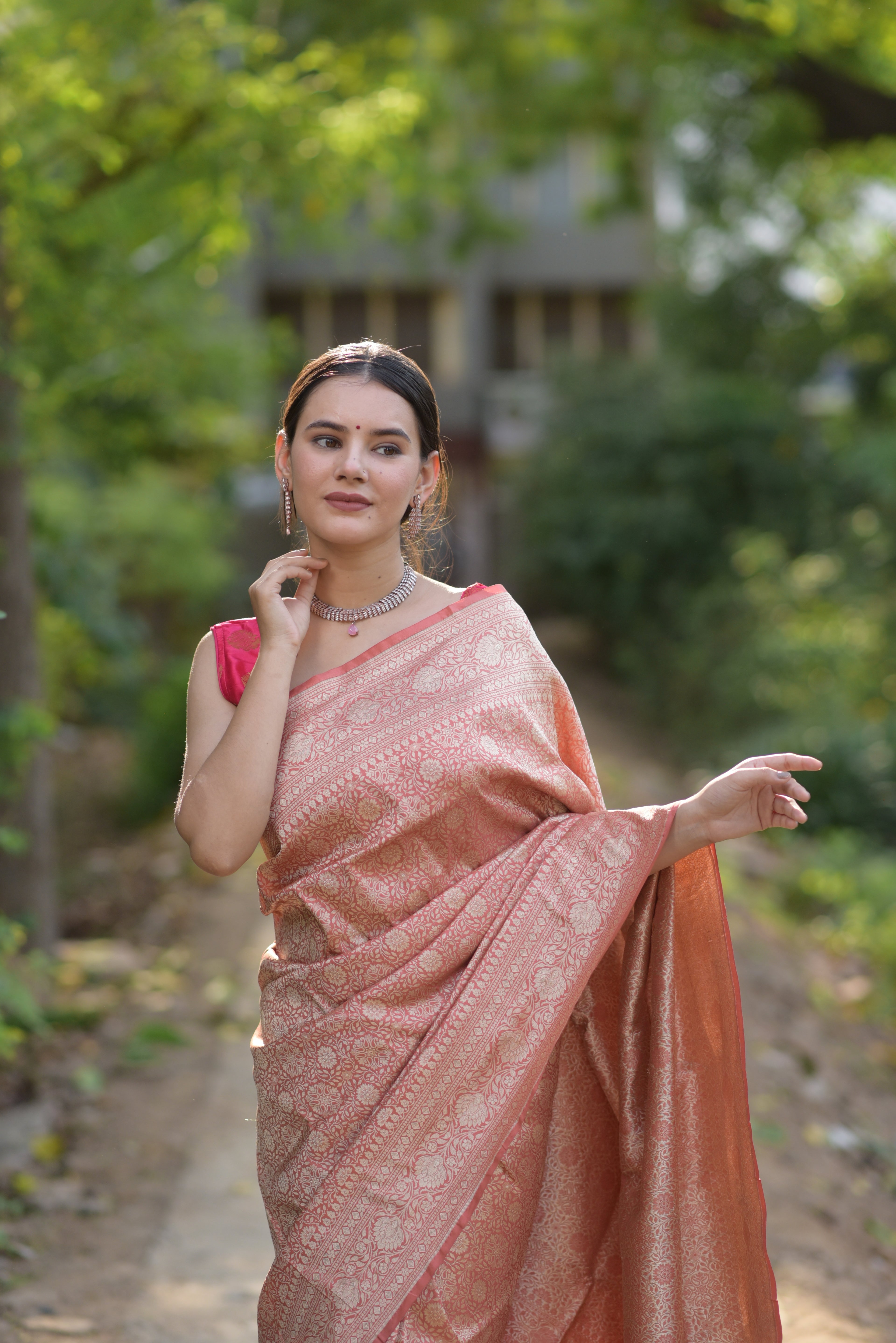 Salmon Pink Jaal Pure Handwoven Banarasi Katan Silk Saree