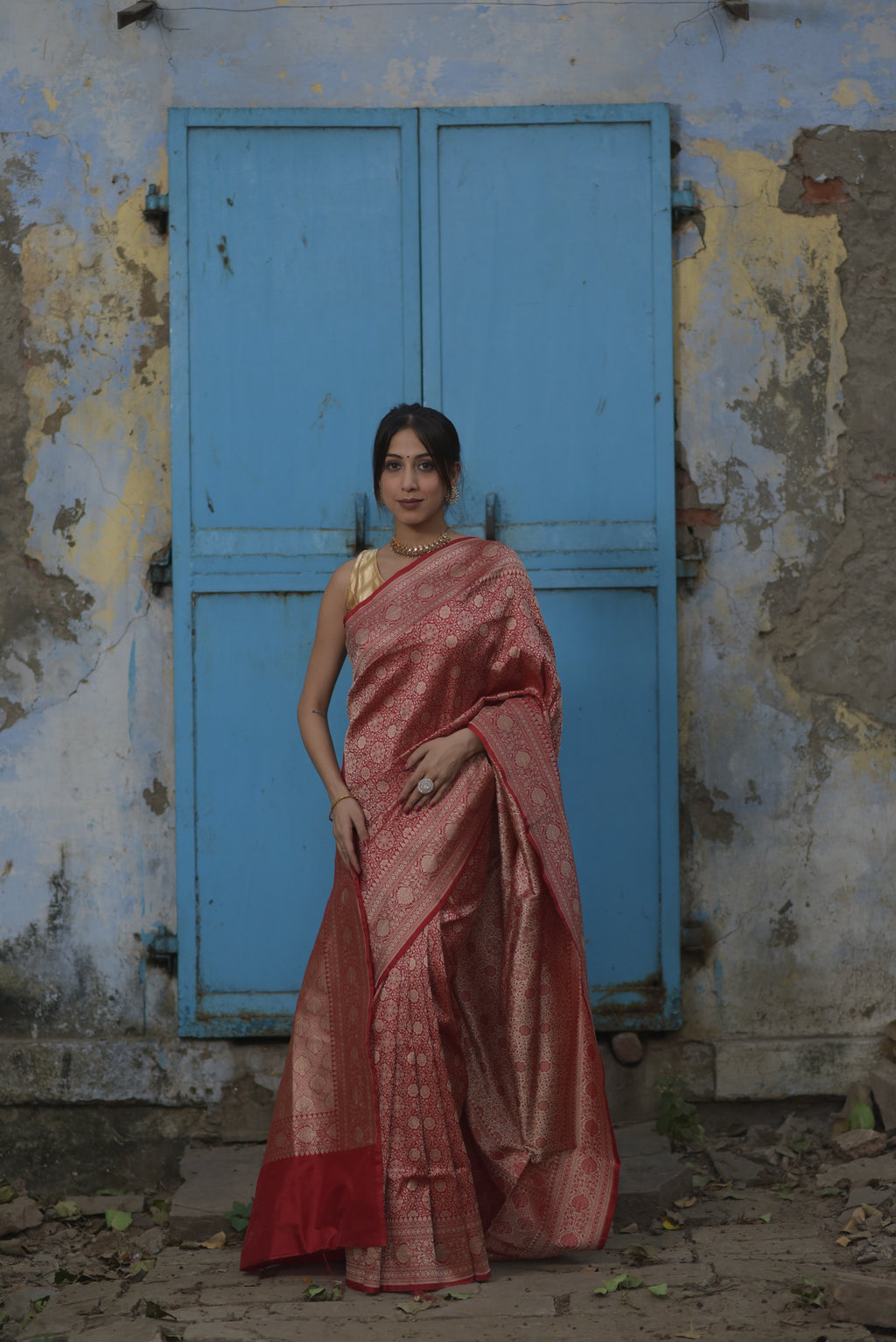 Red Jaal Pure Handwoven Banarasi Katan Silk Saree