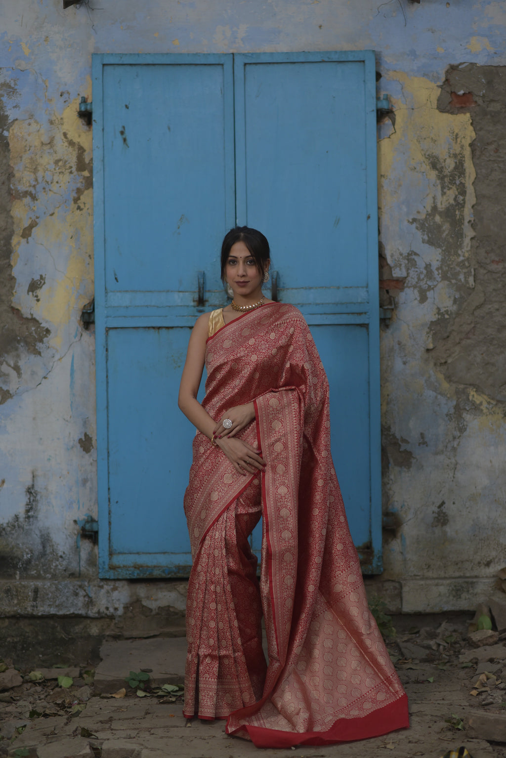 Red Jaal Pure Handwoven Banarasi Katan Silk Saree