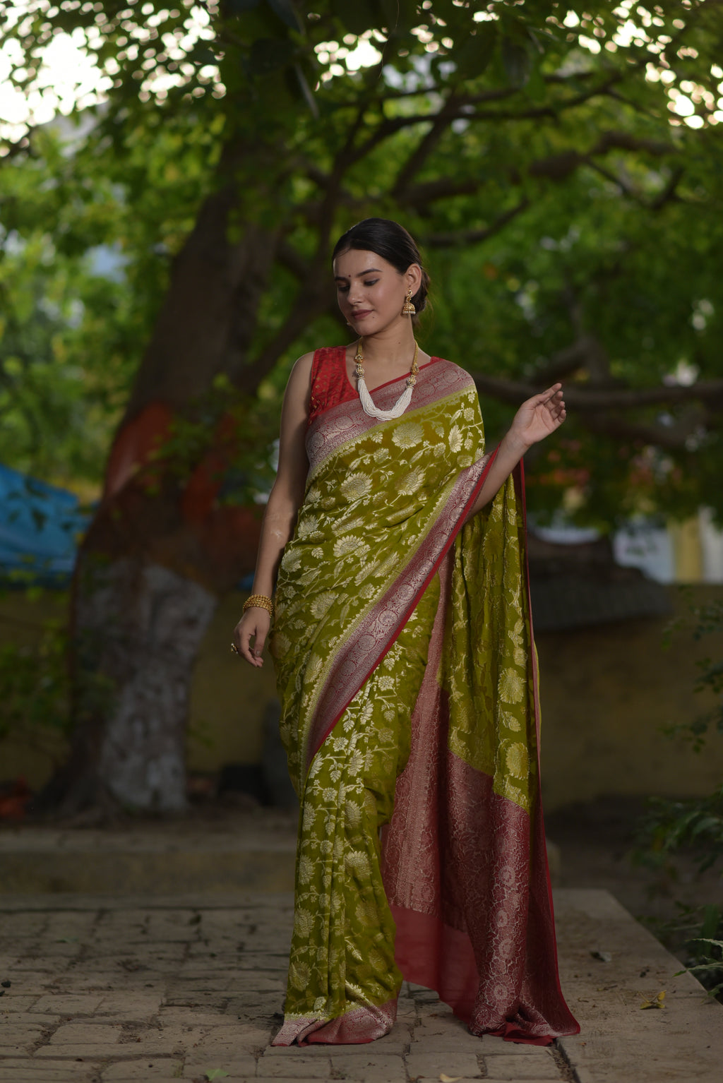 Apple Green Khaddi Chiffon Handwoven Banarasi Saree
