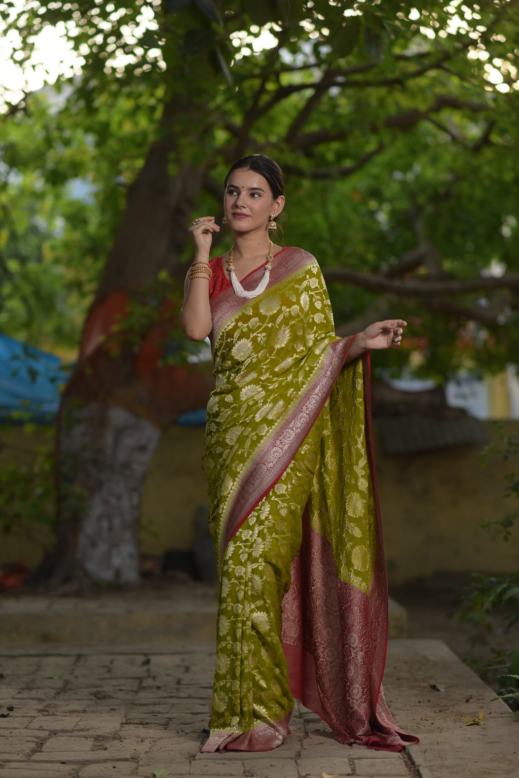 Apple Green Khaddi Chiffon Handwoven Banarasi Saree