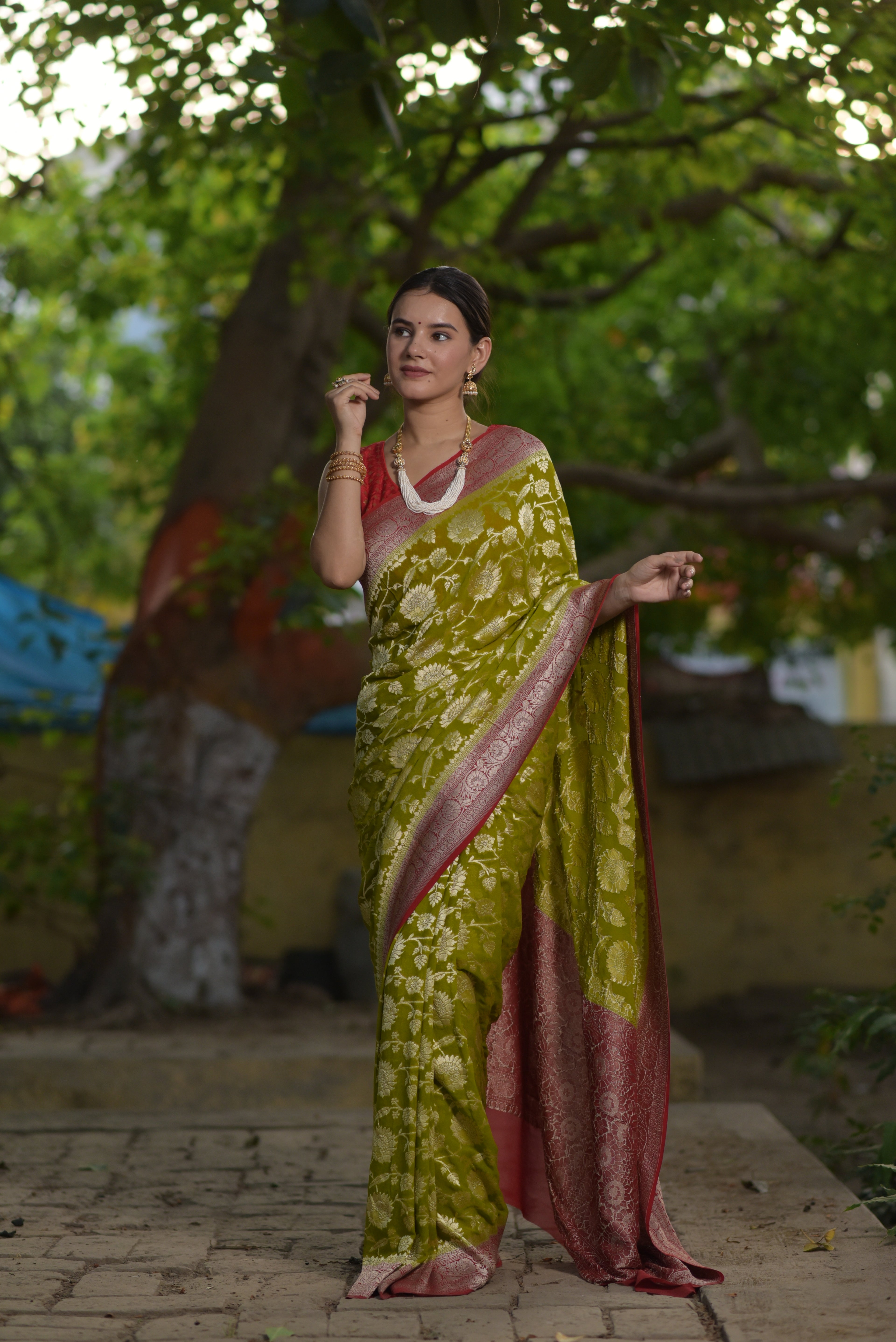 Apple Green Khaddi Chiffon Handwoven Banarasi Saree
