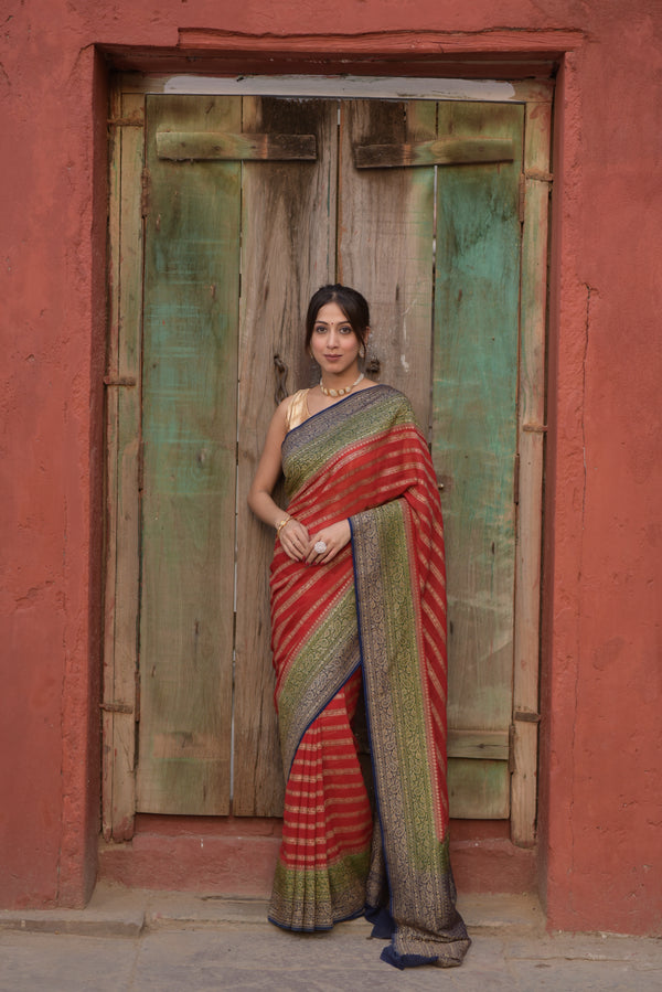 Red Khaddi Chiffon Handwoven Banarasi Saree
