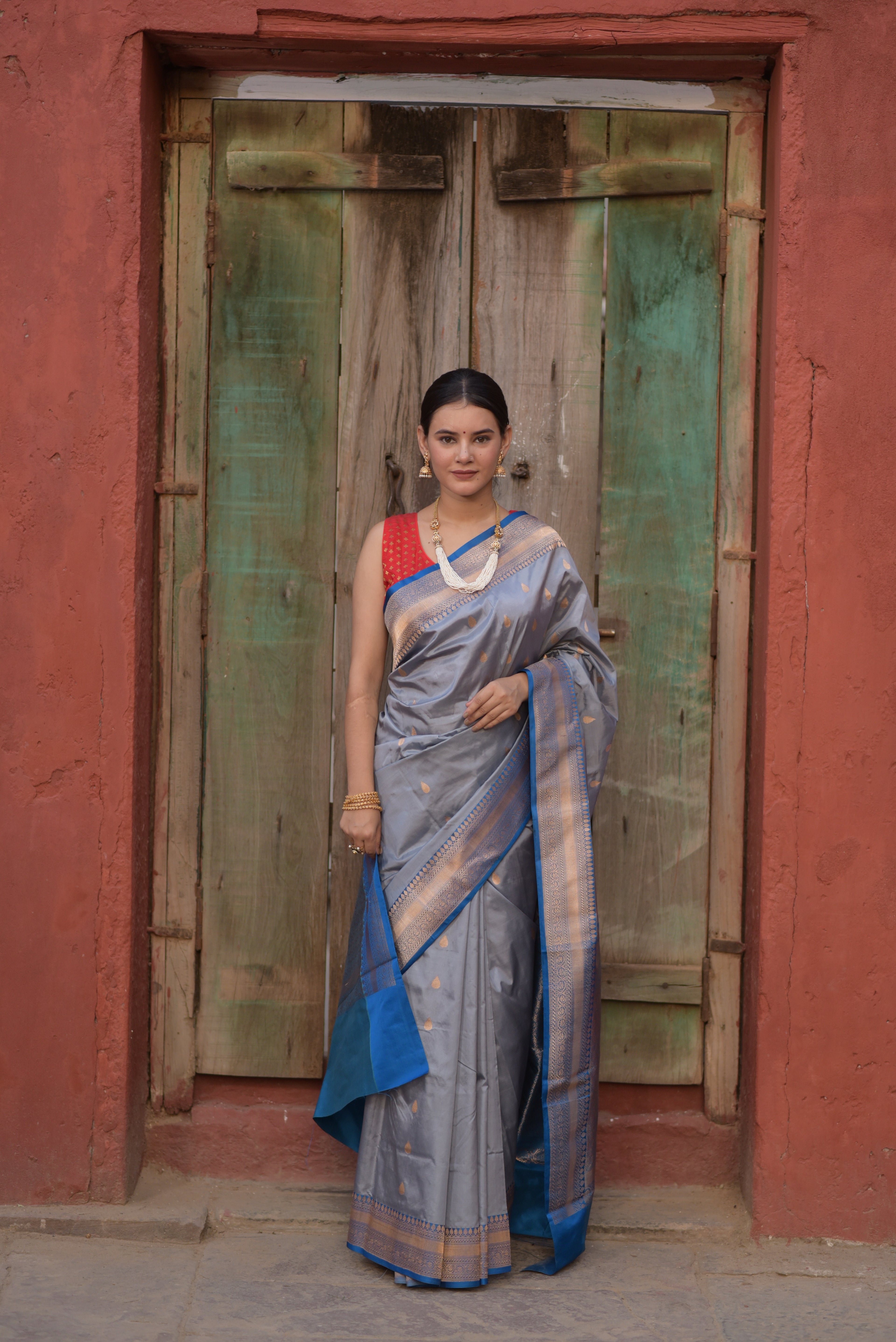 Cadet Gray Pure Handwoven Banarasi Katan Silk saree