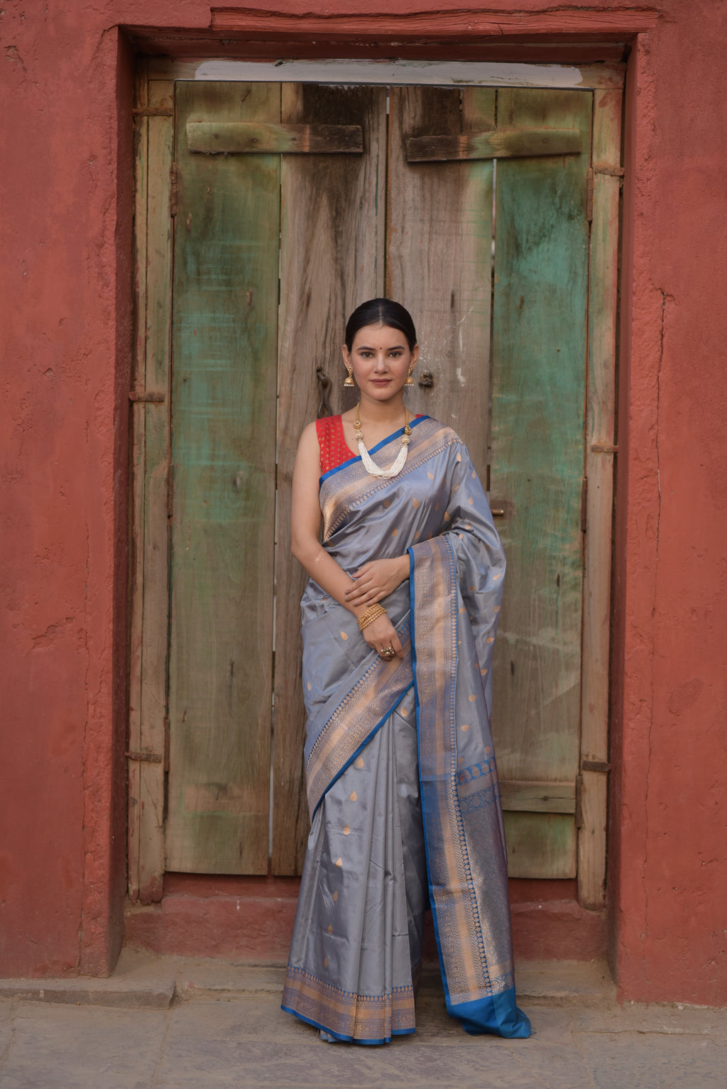 Cadet Gray Pure Handwoven Banarasi Katan Silk saree