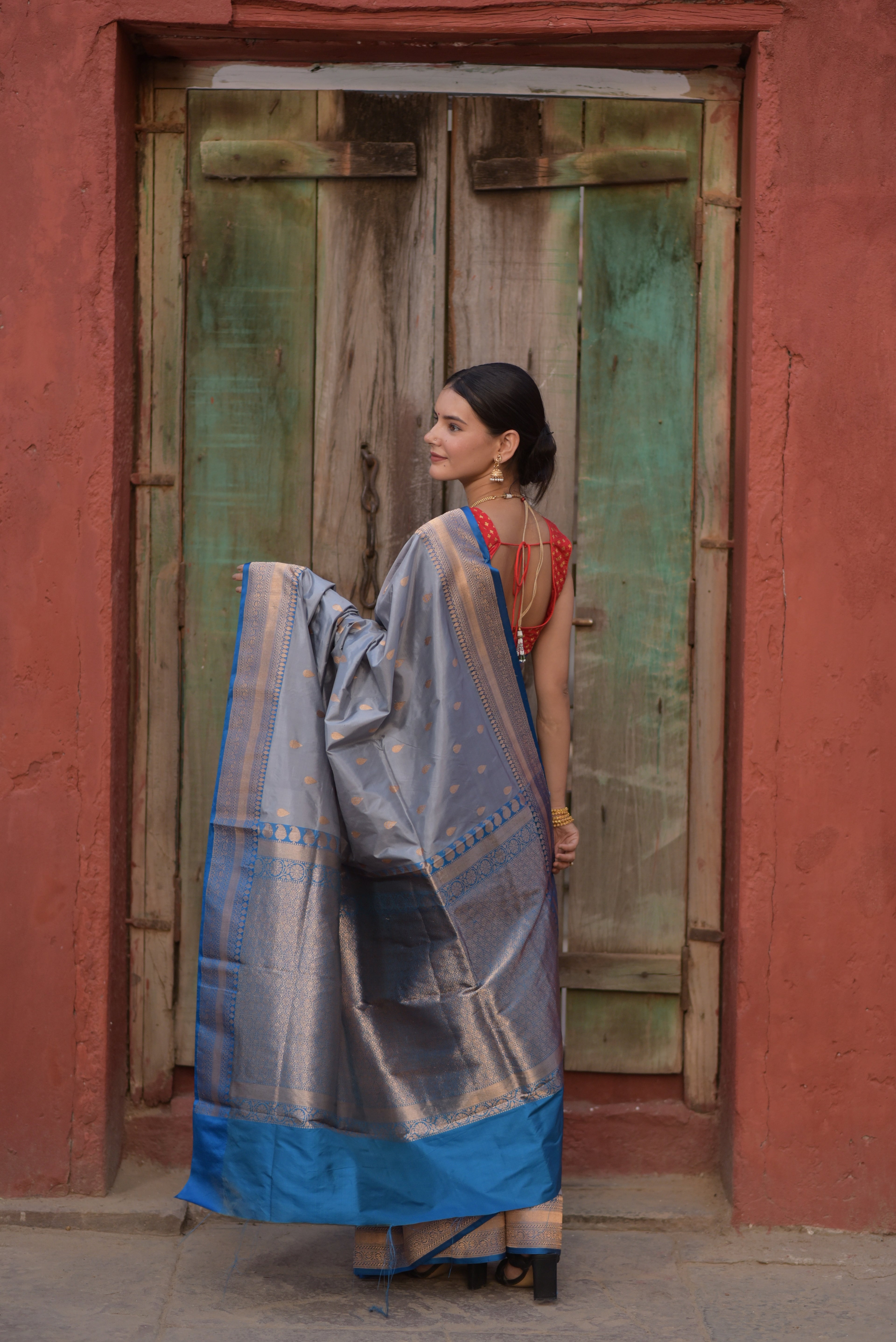 Cadet Gray Pure Handwoven Banarasi Katan Silk saree