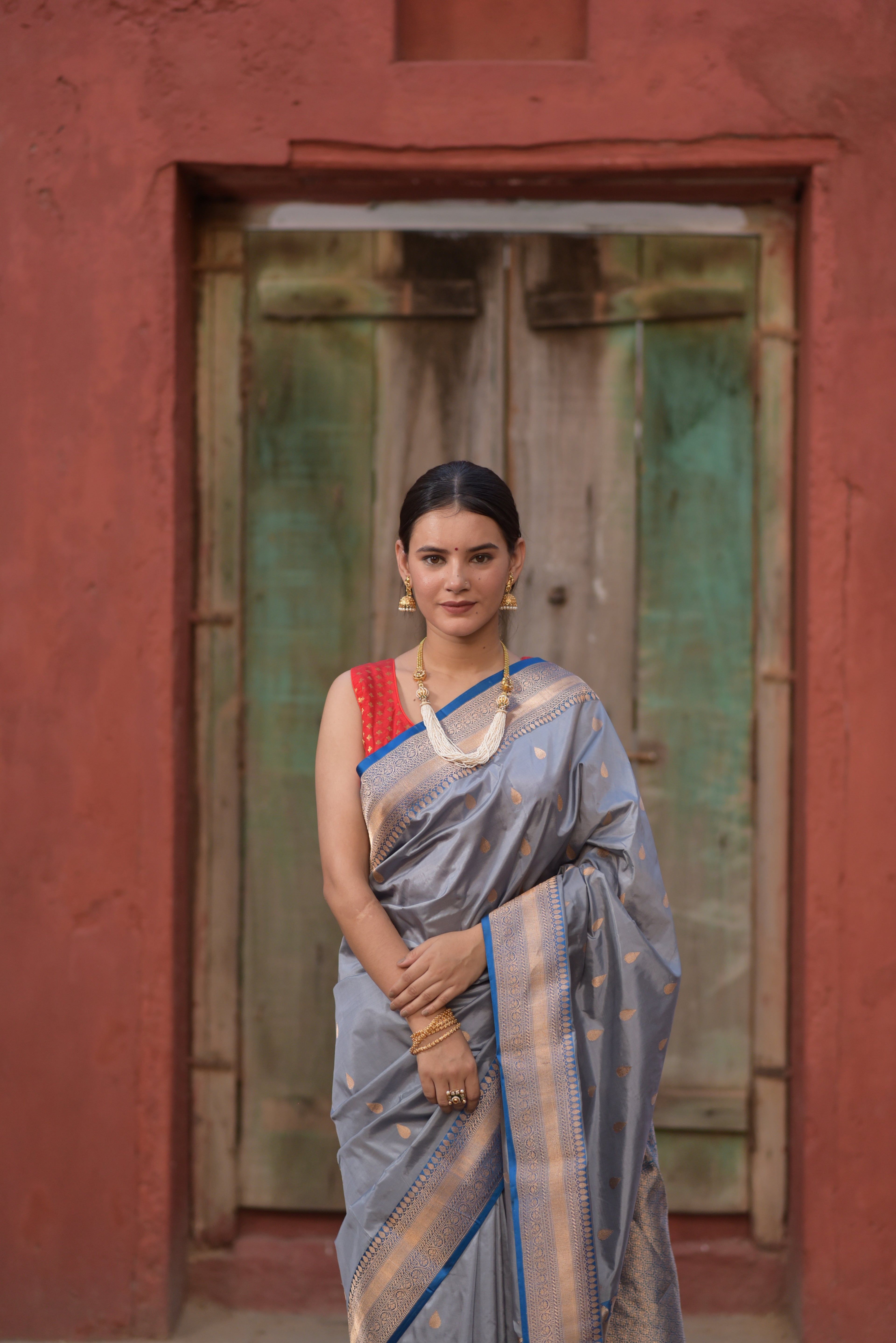 Cadet Gray Pure Handwoven Banarasi Katan Silk saree