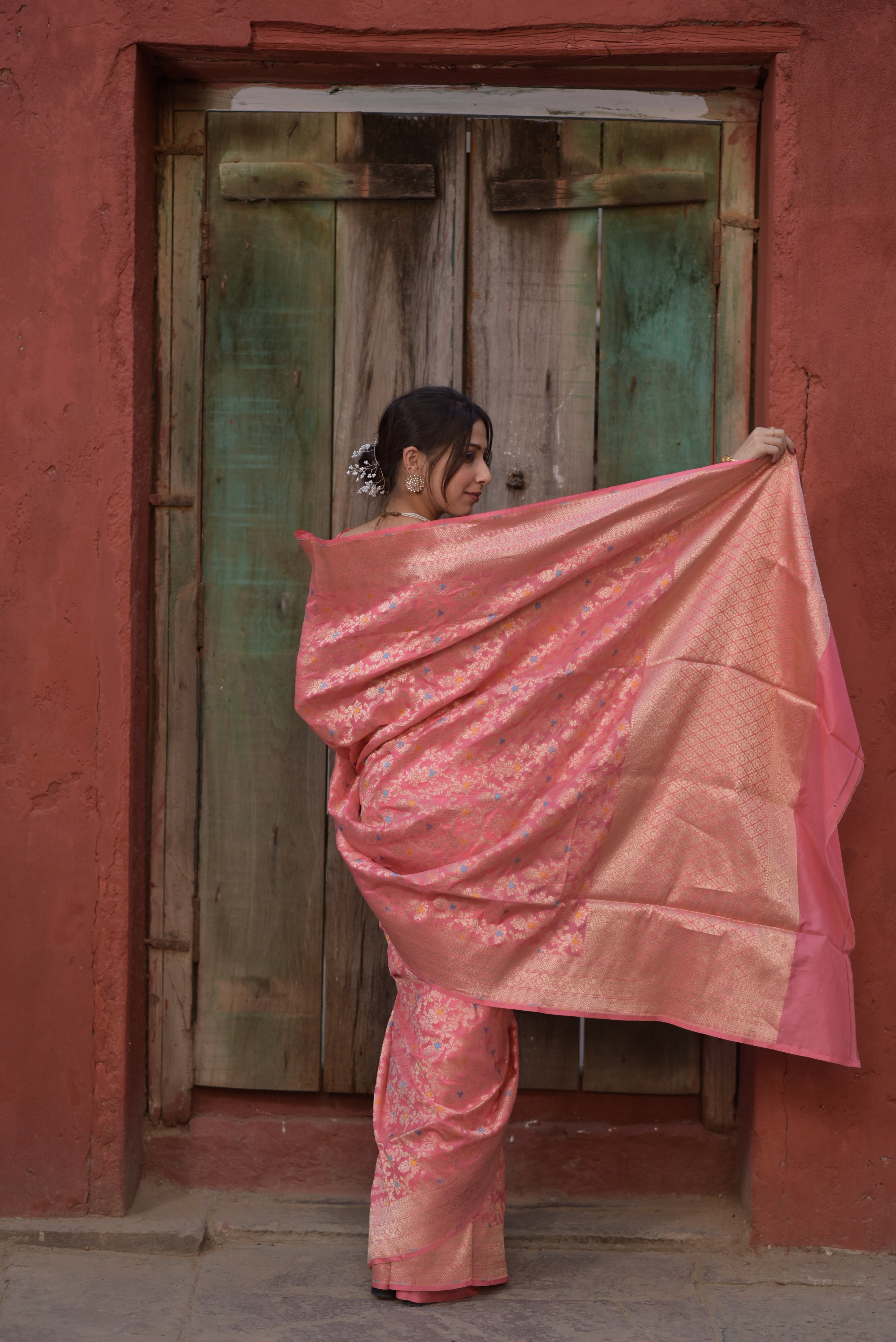 Carnation Pink Pure Handwoven Banarasi Katan Silk Saree