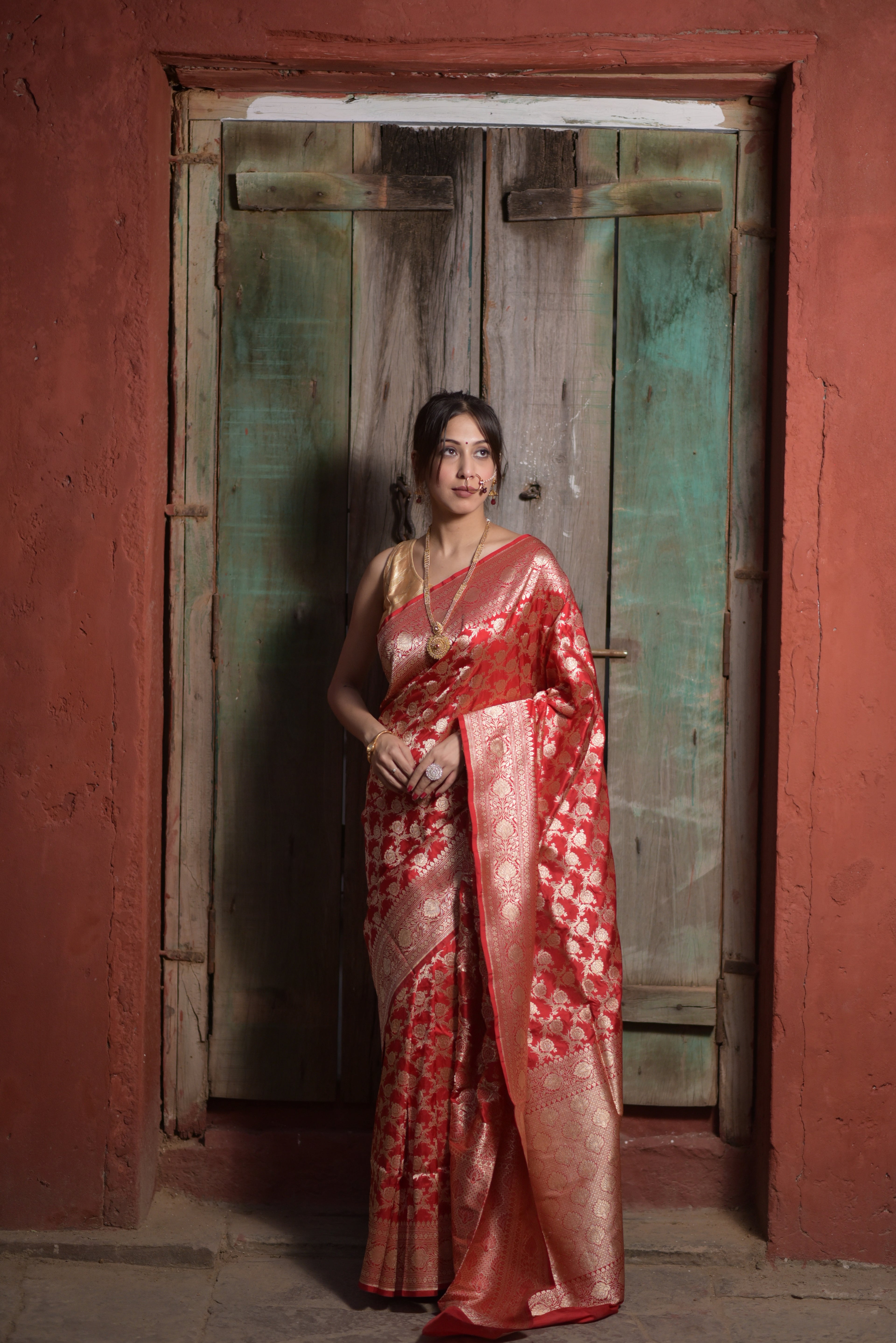 Red Jaal Pure Handwoven Banarasi Katan Silk Saree