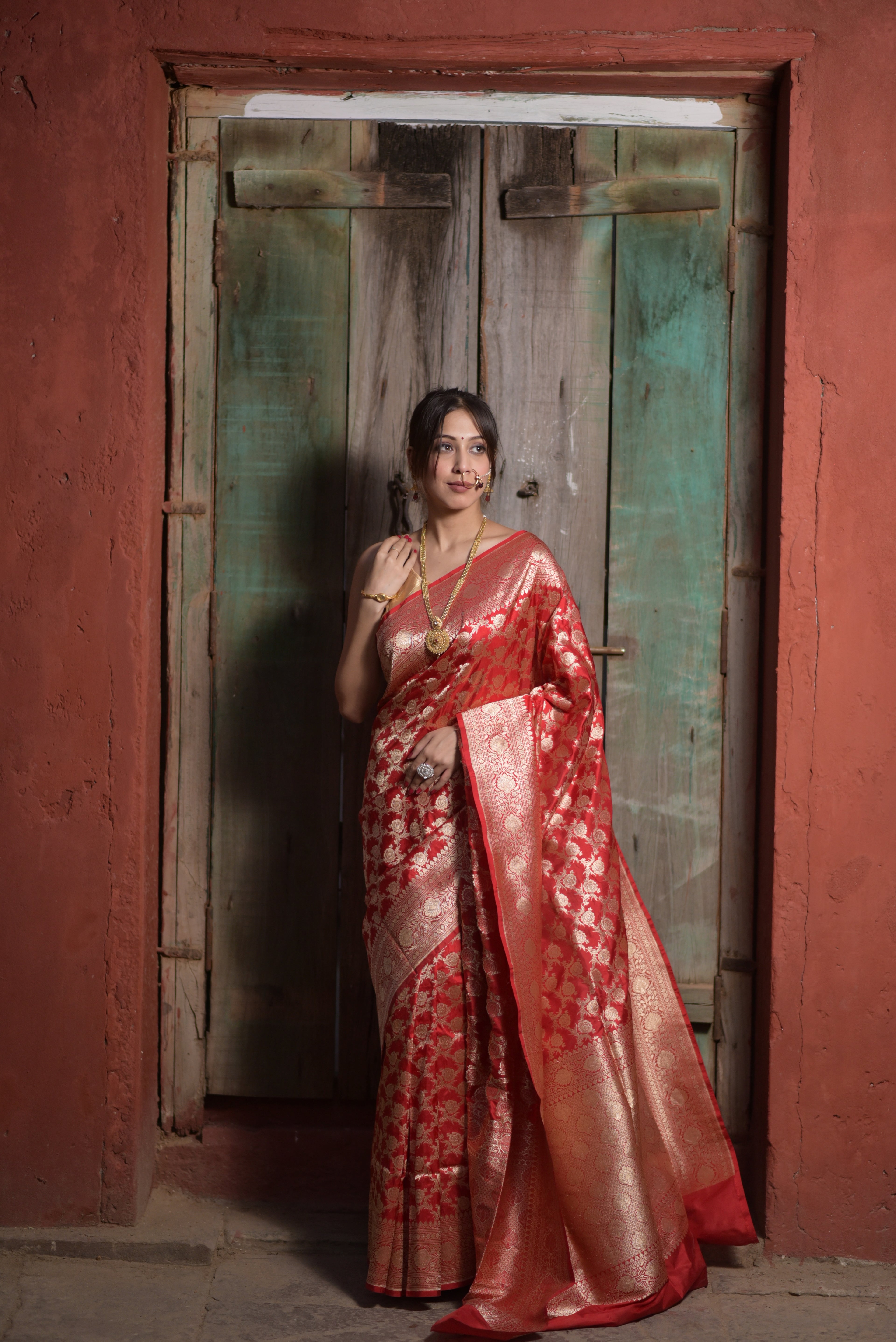 Red Jaal Pure Handwoven Banarasi Katan Silk Saree