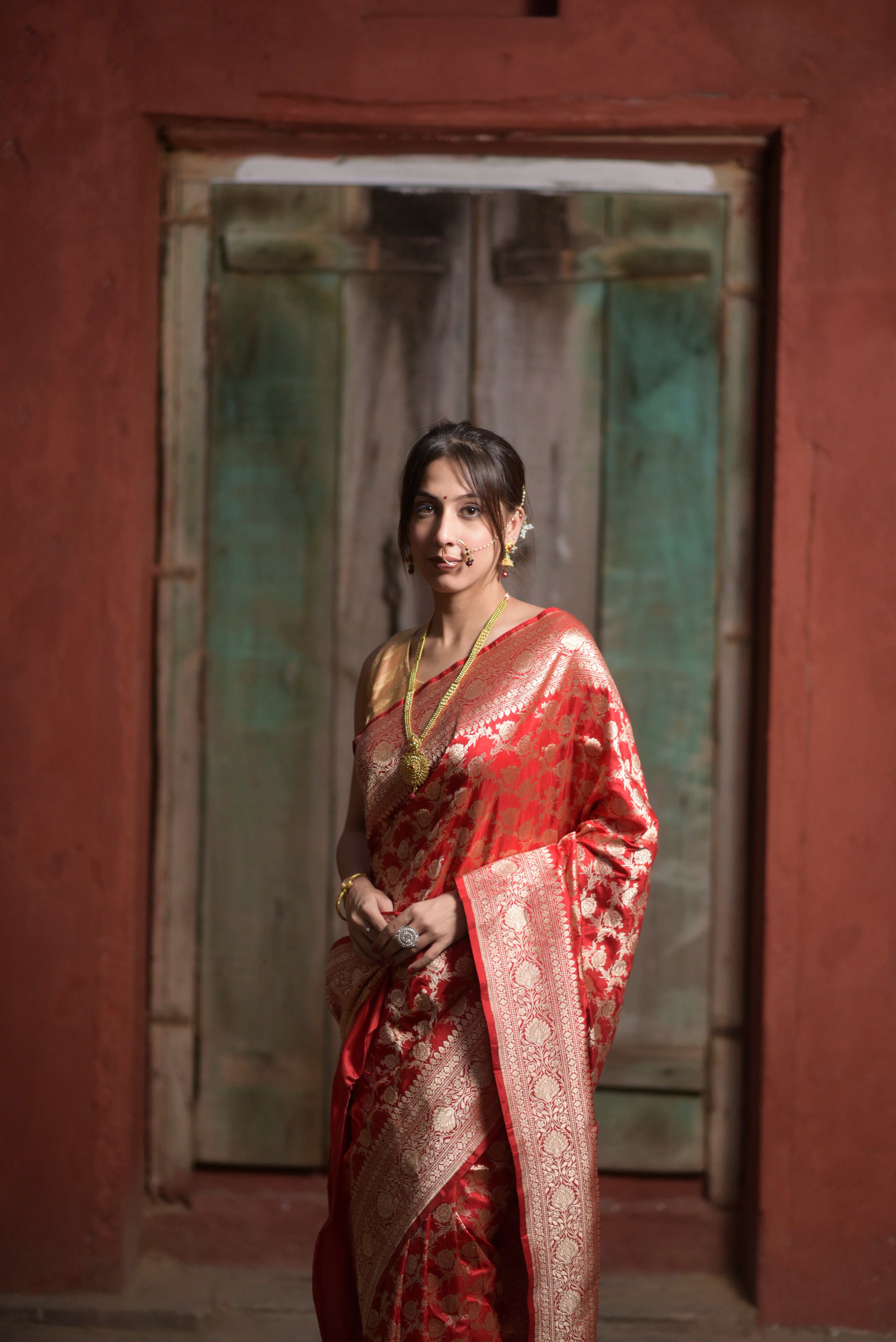 Red Jaal Pure Handwoven Banarasi Katan Silk Saree