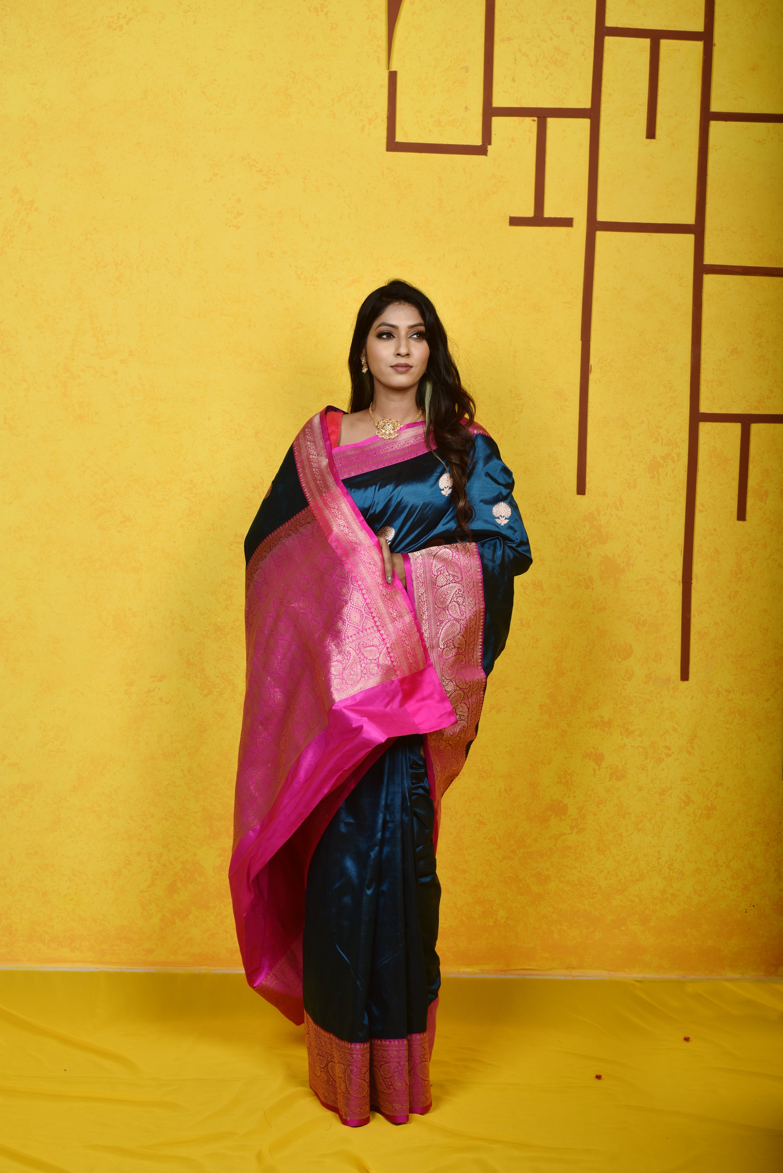 German  Blue Katan Silk Handwoven Banaras Saree