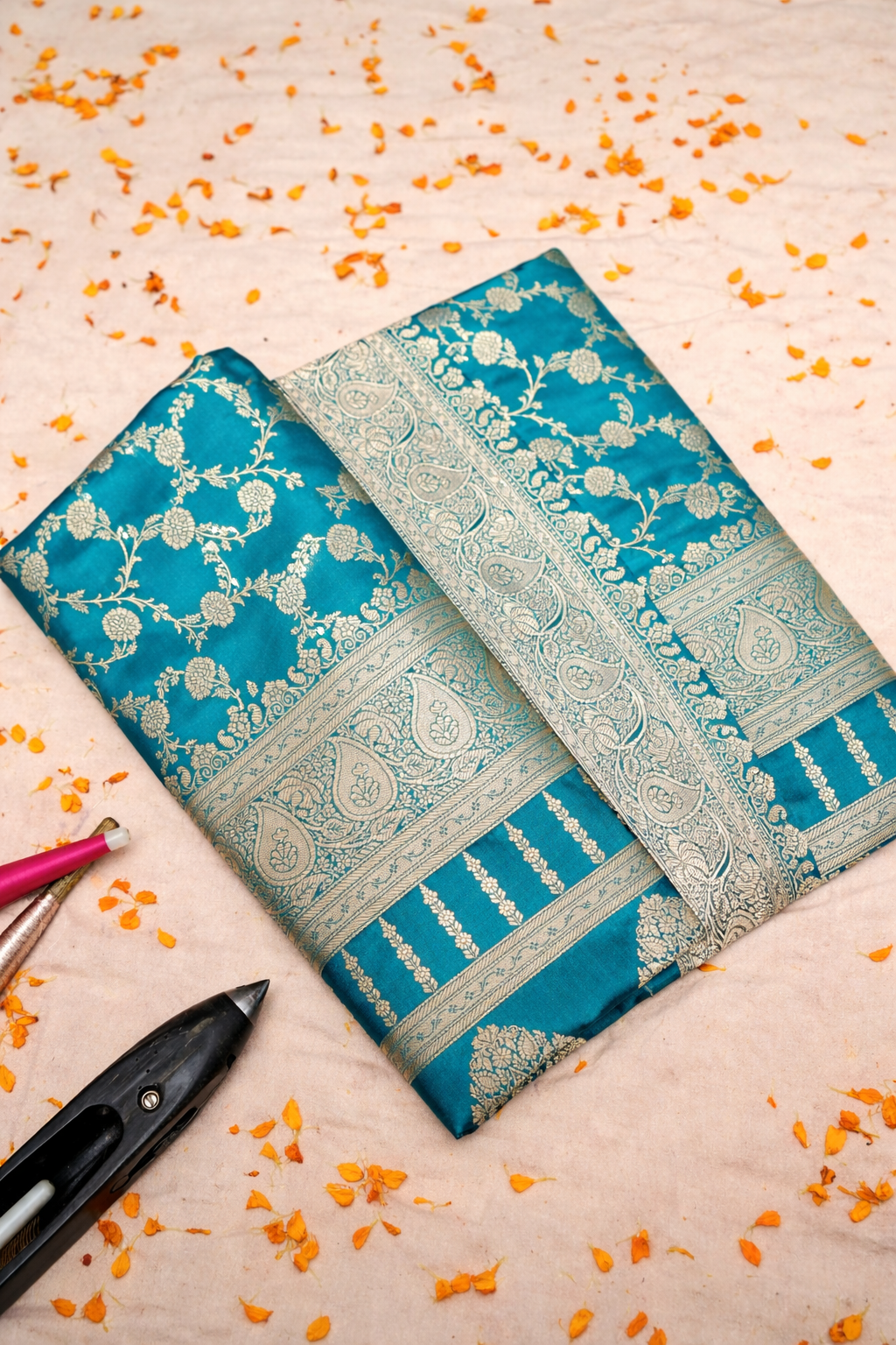ROYAL TURQUOISE TEAL BANARASI MASHRU KATAN SILK SAREE