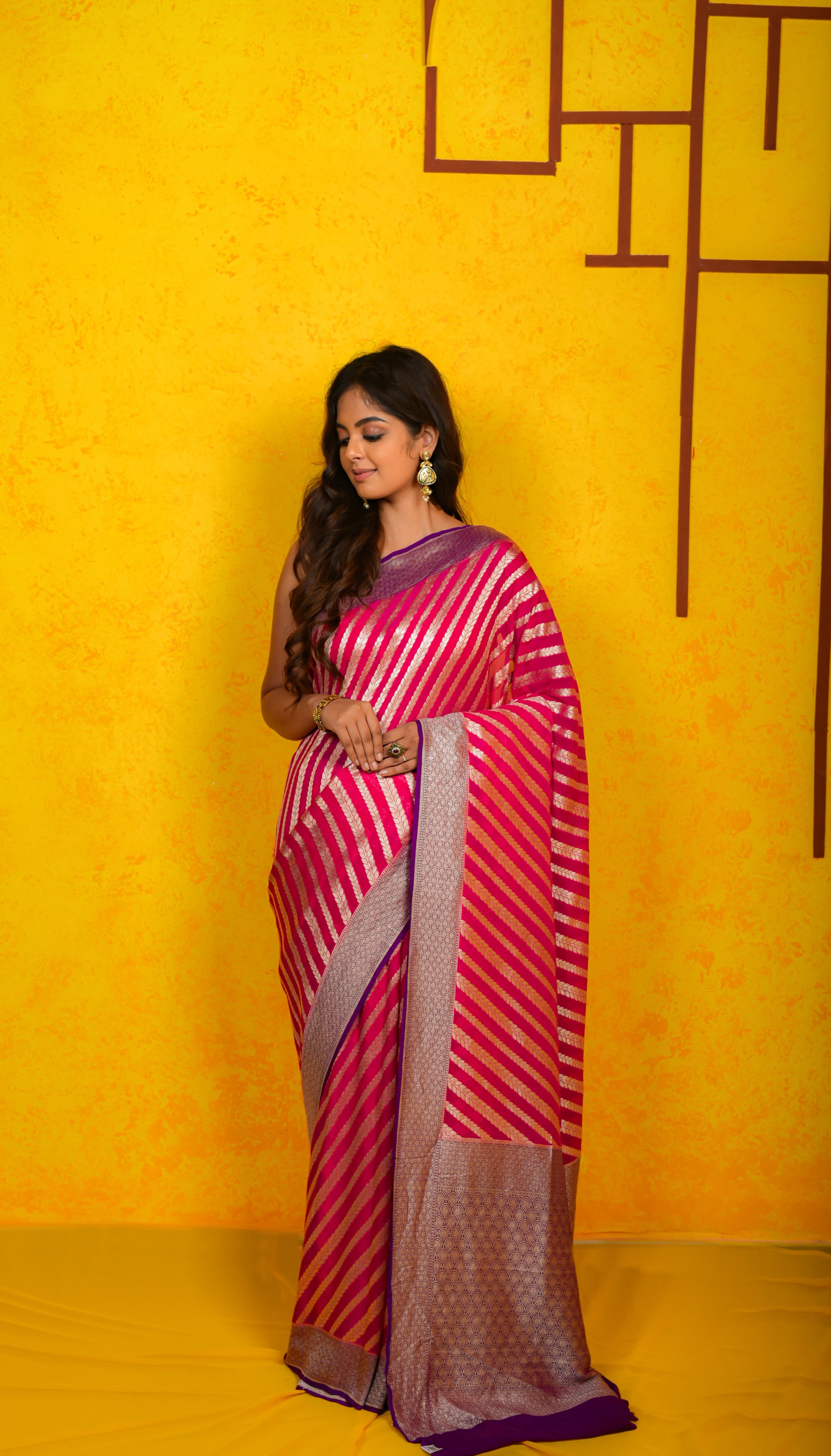 Cerise Pink  Khaddi Chiffon Silk  Handwoven Banaras Saree