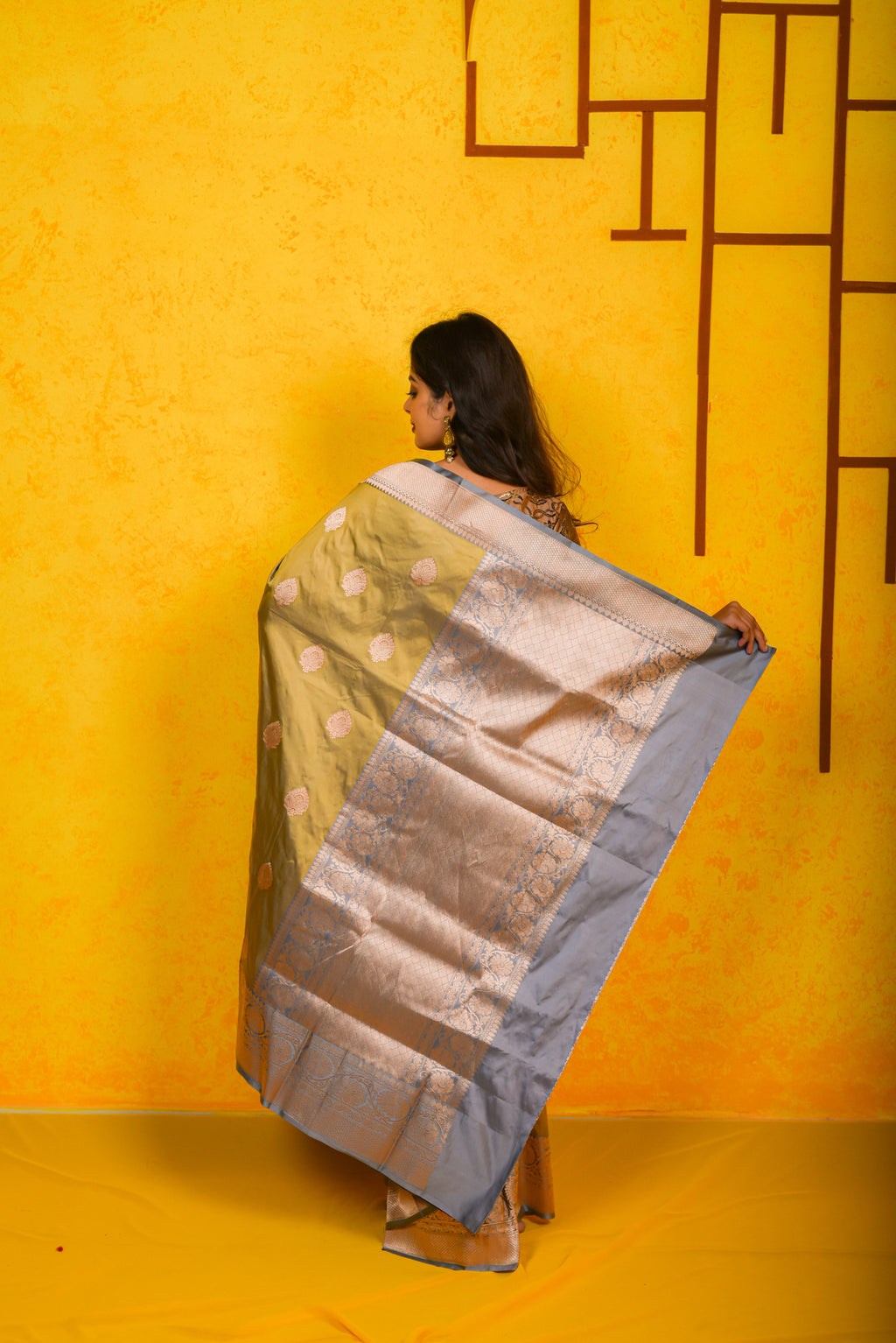 Golden Olive  Katan Silk Handwoven Banaras Saree