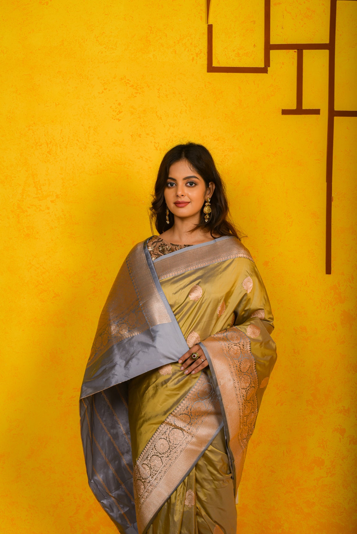 Golden Olive  Katan Silk Handwoven Banaras Saree