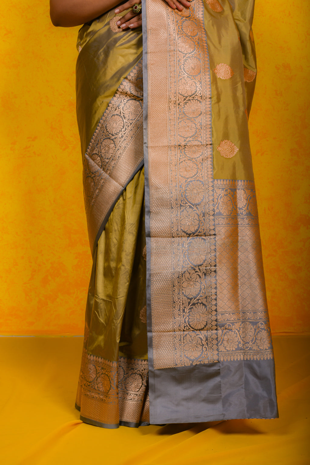 Golden Olive  Katan Silk Handwoven Banaras Saree