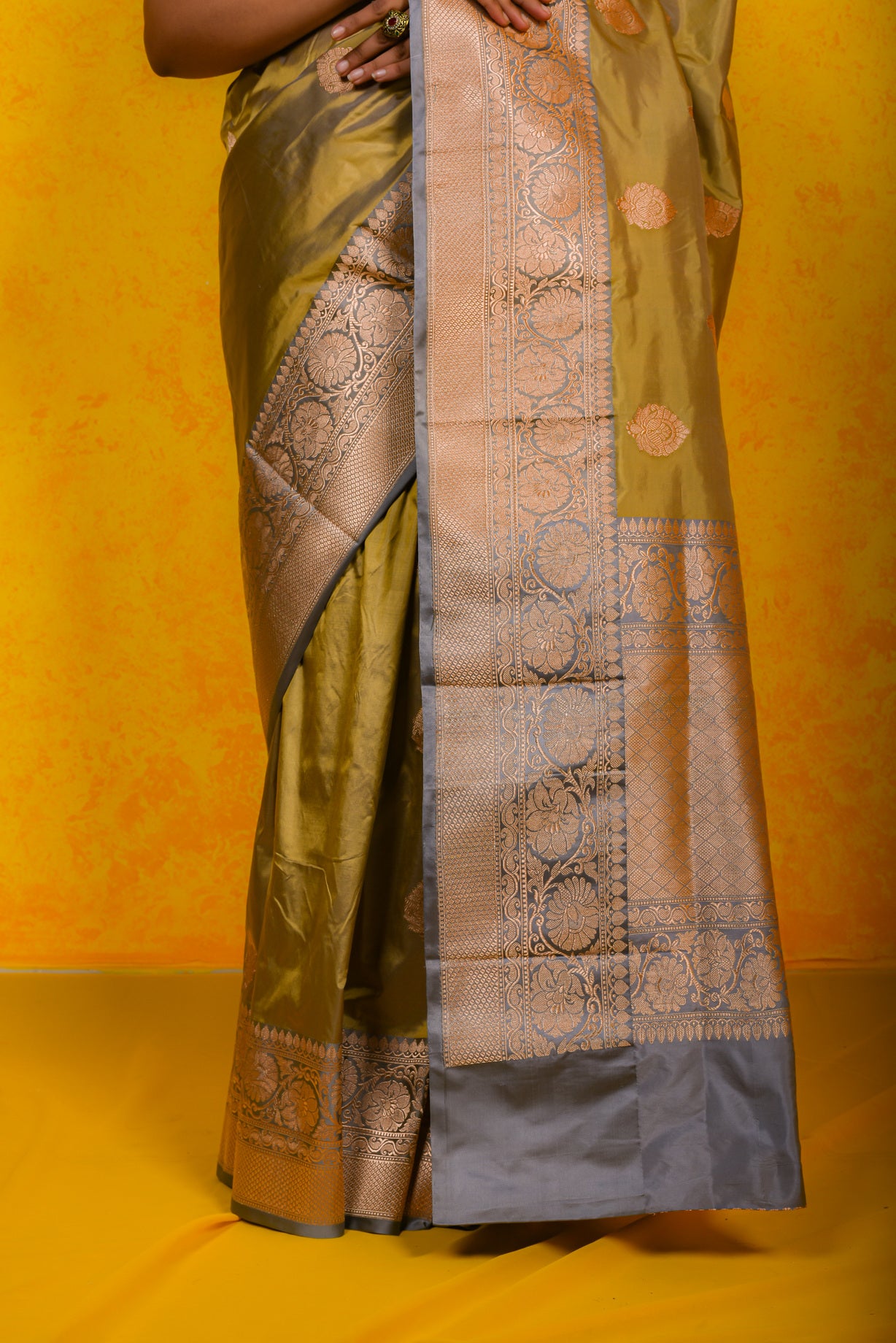 Golden Olive  Katan Silk Handwoven Banaras Saree
