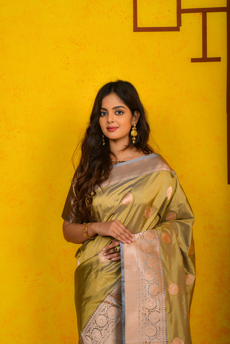 Golden Olive  Katan Silk Handwoven Banaras Saree