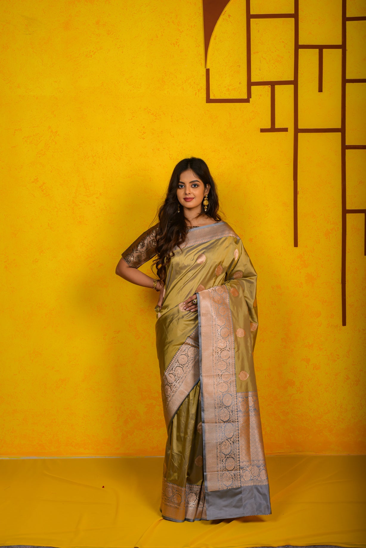 Golden Olive  Katan Silk Handwoven Banaras Saree