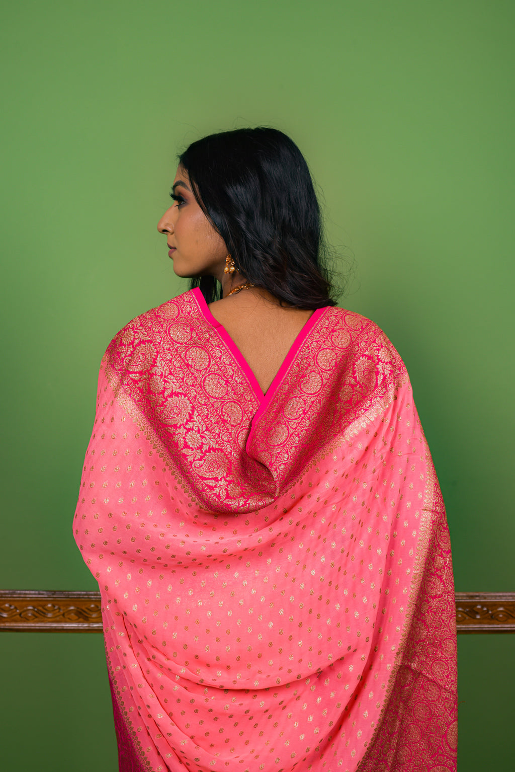 Coral Pink  Khaddi Chiffon Silk  Handwoven Banaras Saree