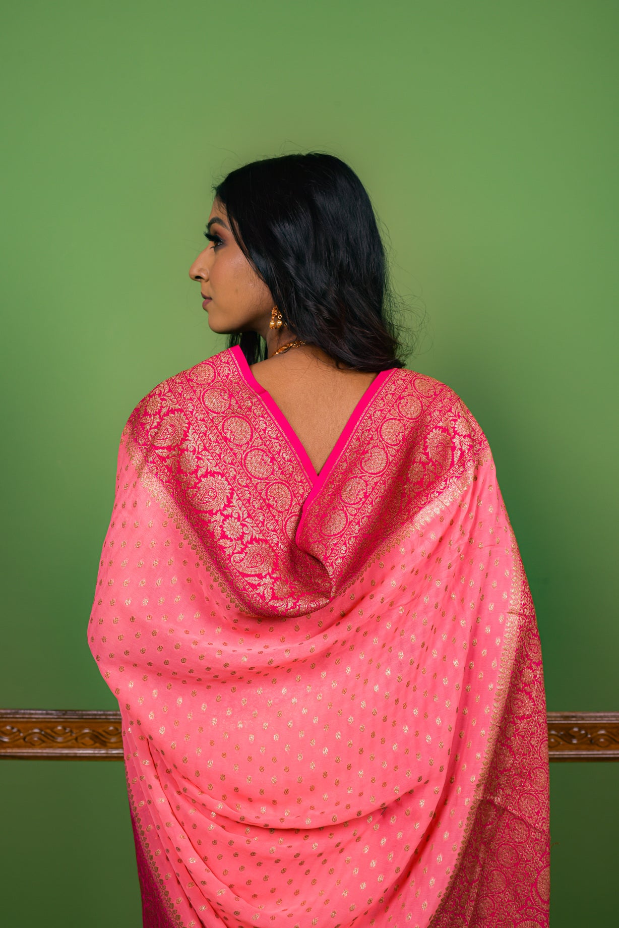 Coral Pink  Khaddi Chiffon Silk  Handwoven Banaras Saree