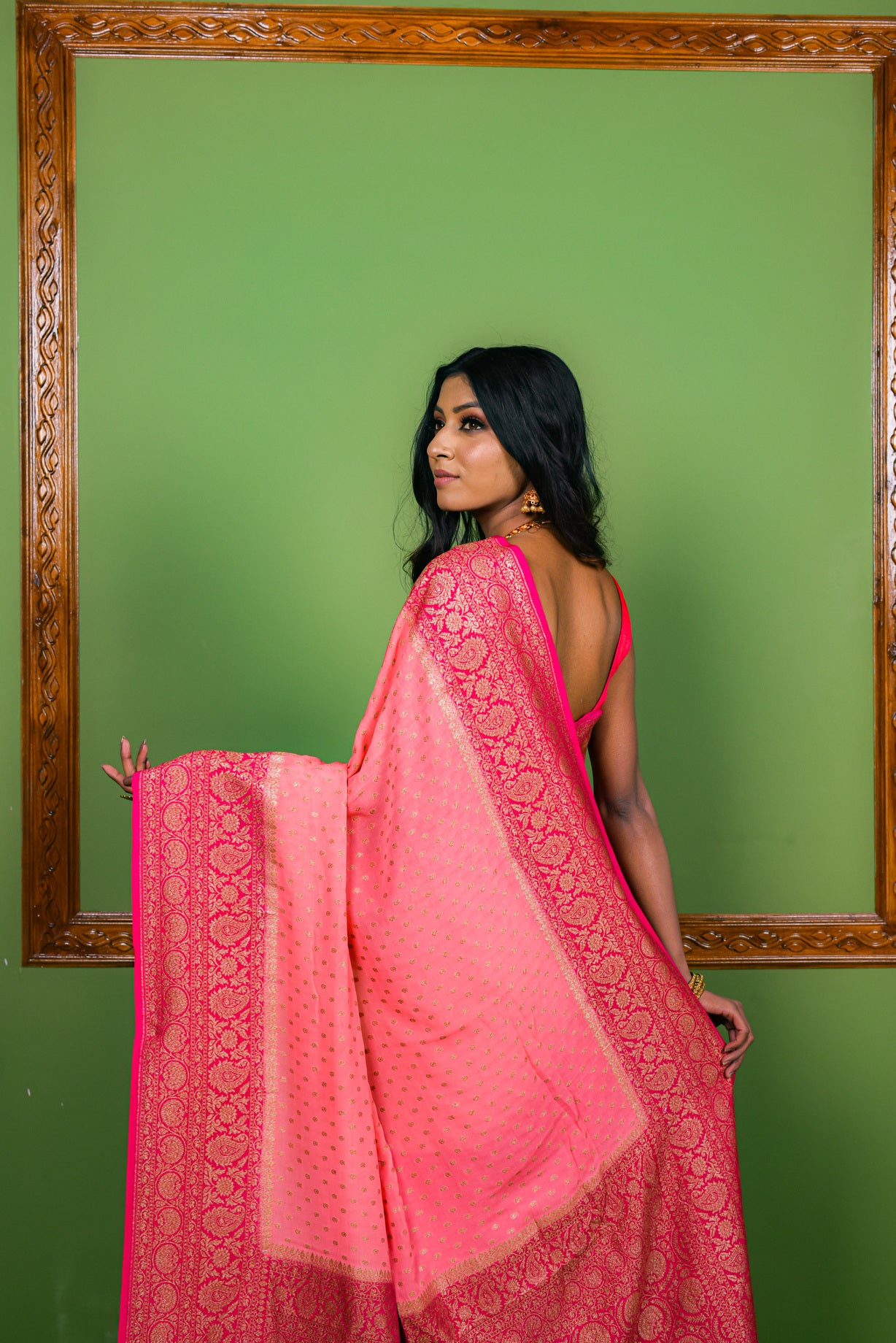 Coral Pink  Khaddi Chiffon Silk  Handwoven Banaras Saree