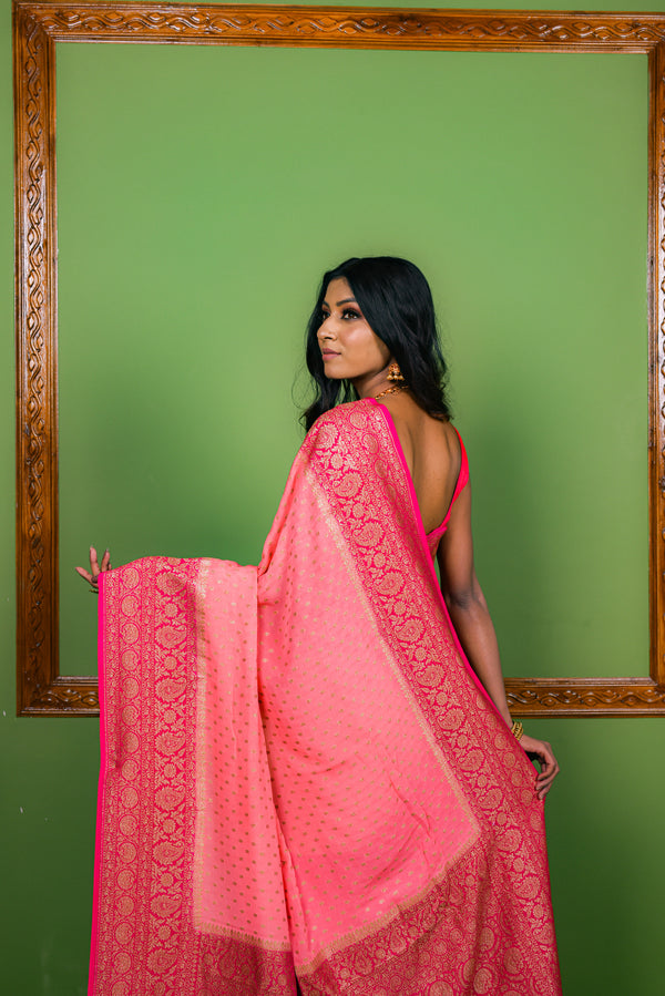 Coral Pink  Khaddi Chiffon Silk  Handwoven Banaras Saree