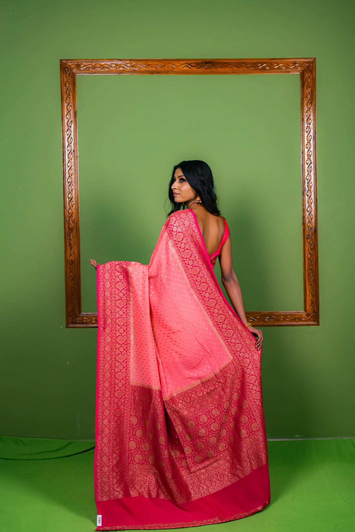 Coral Pink  Khaddi Chiffon Silk  Handwoven Banaras Saree