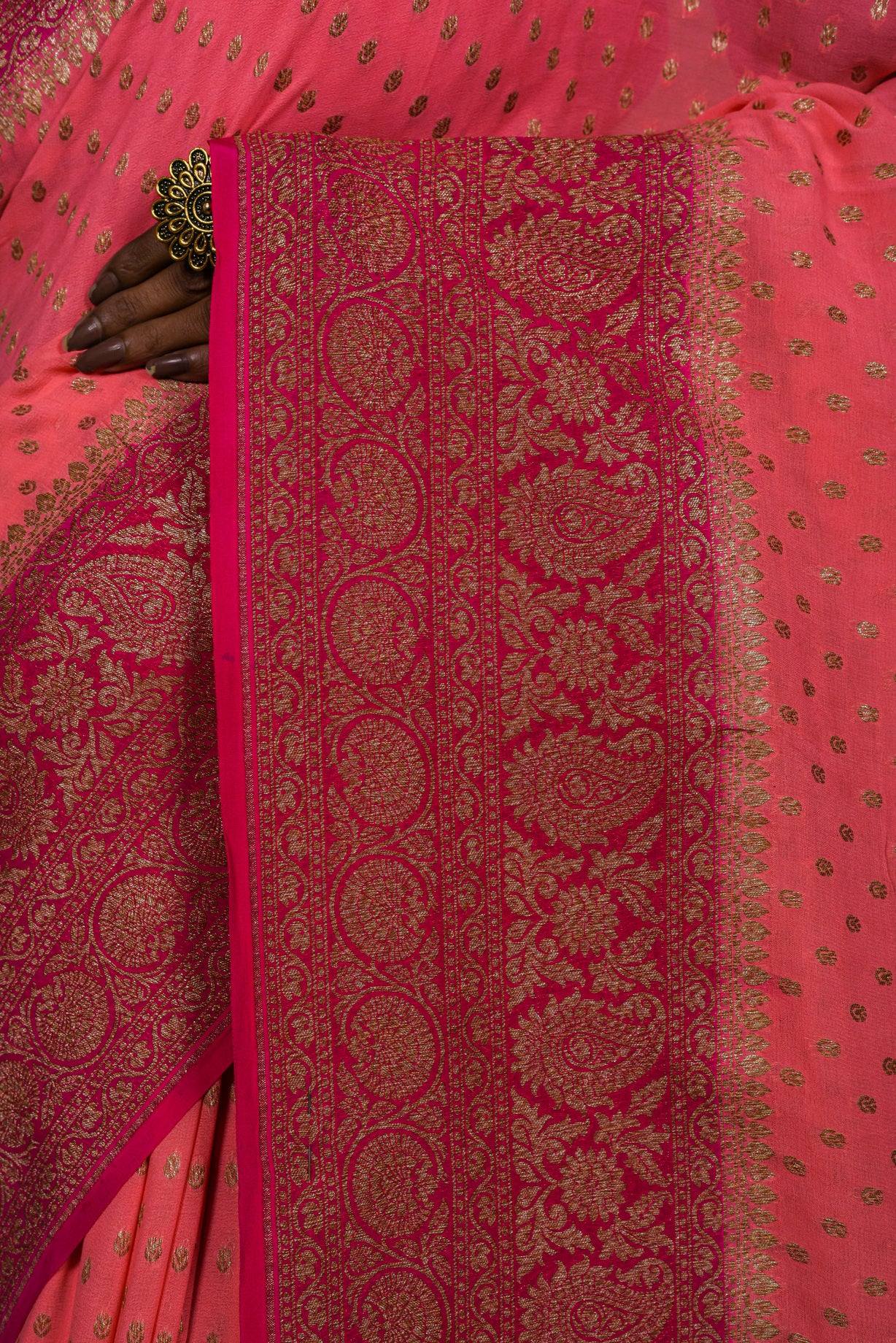 Coral Pink  Khaddi Chiffon Silk  Handwoven Banaras Saree