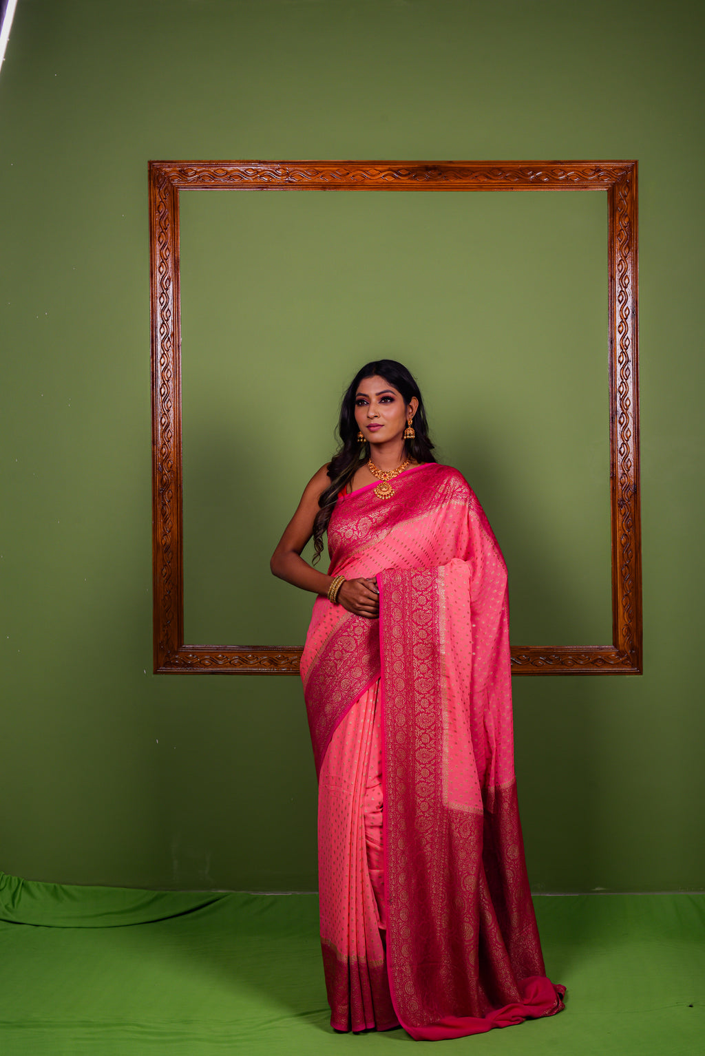 Coral Pink  Khaddi Chiffon Silk  Handwoven Banaras Saree