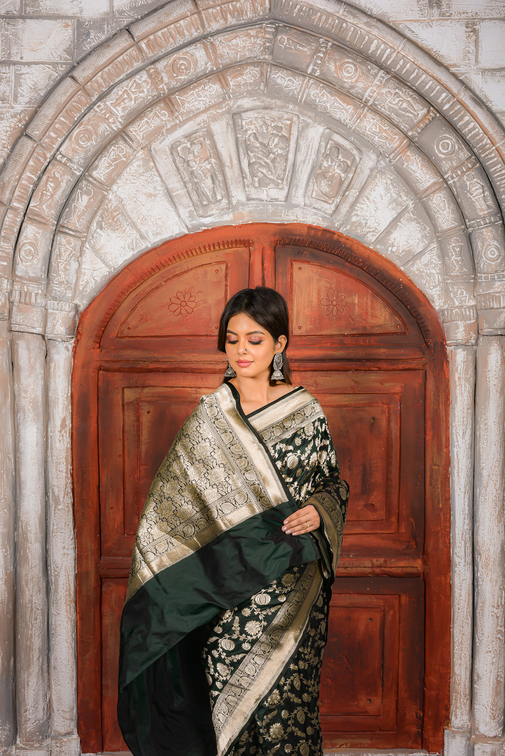 Deep Green Katan Silk Handwoven Banaras Saree