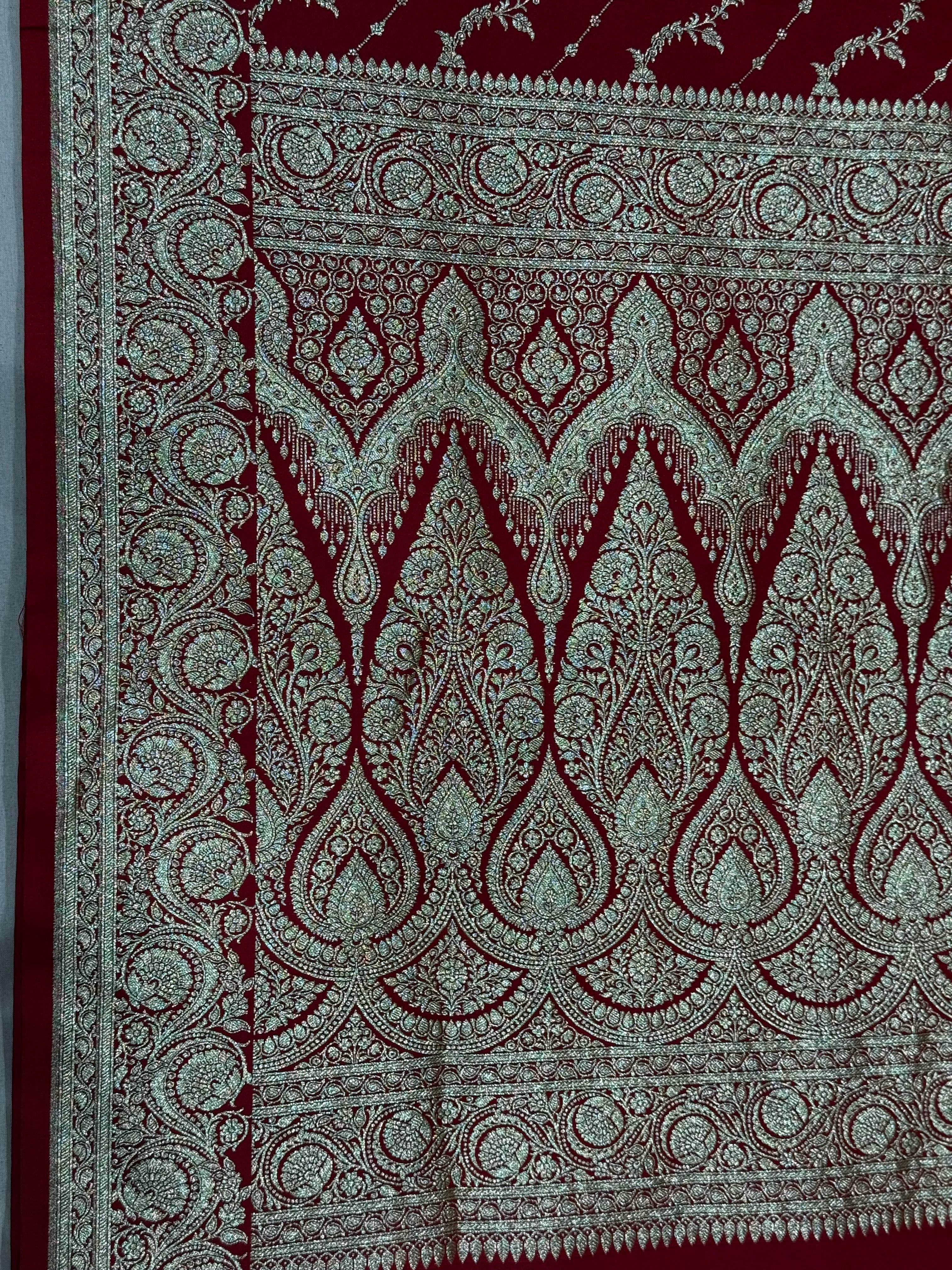 Deep Red Banarasi Mashru Katan Silk Saree