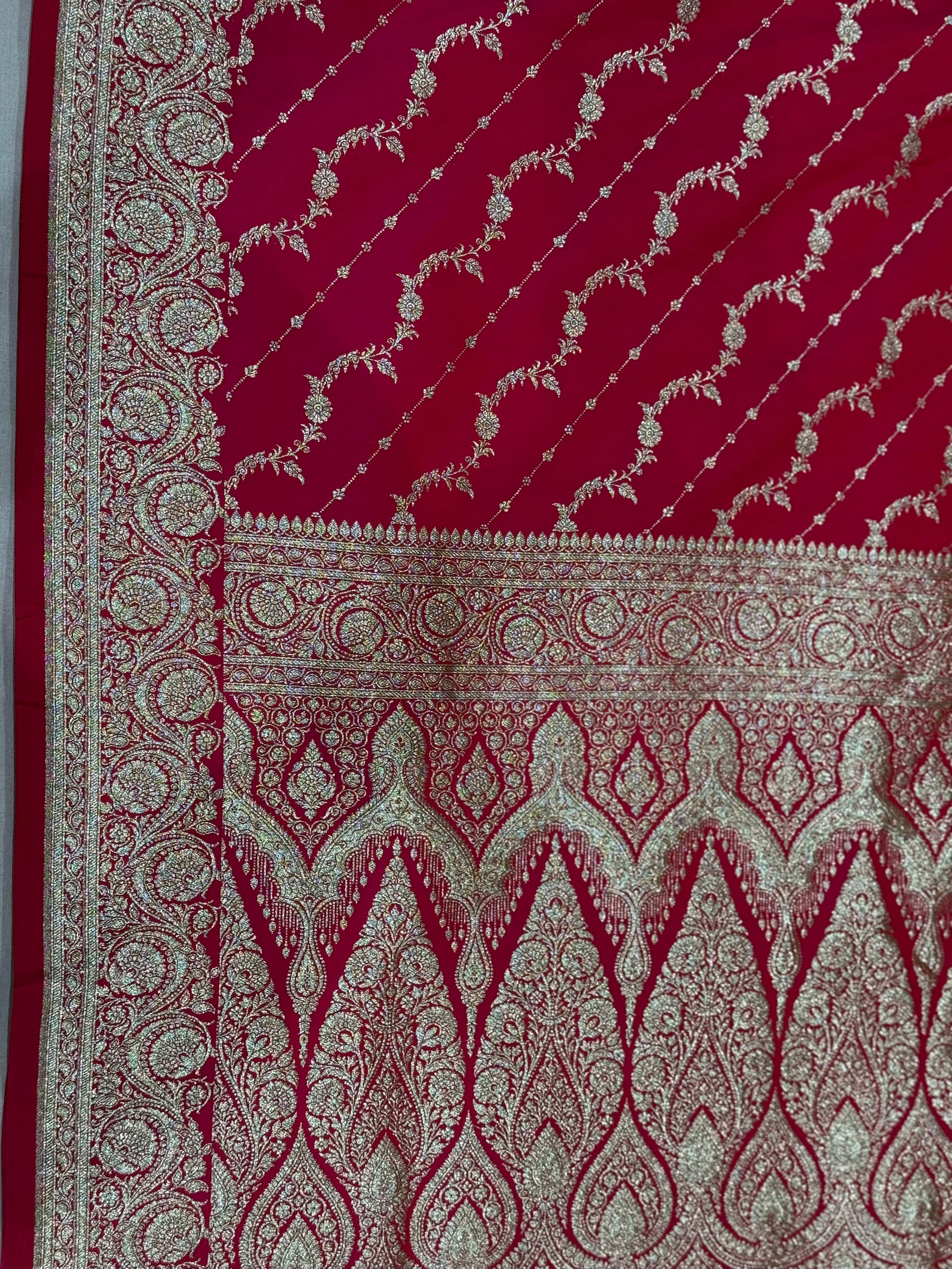 Crimson Red Banarasi Mashru Katan Silk Saree