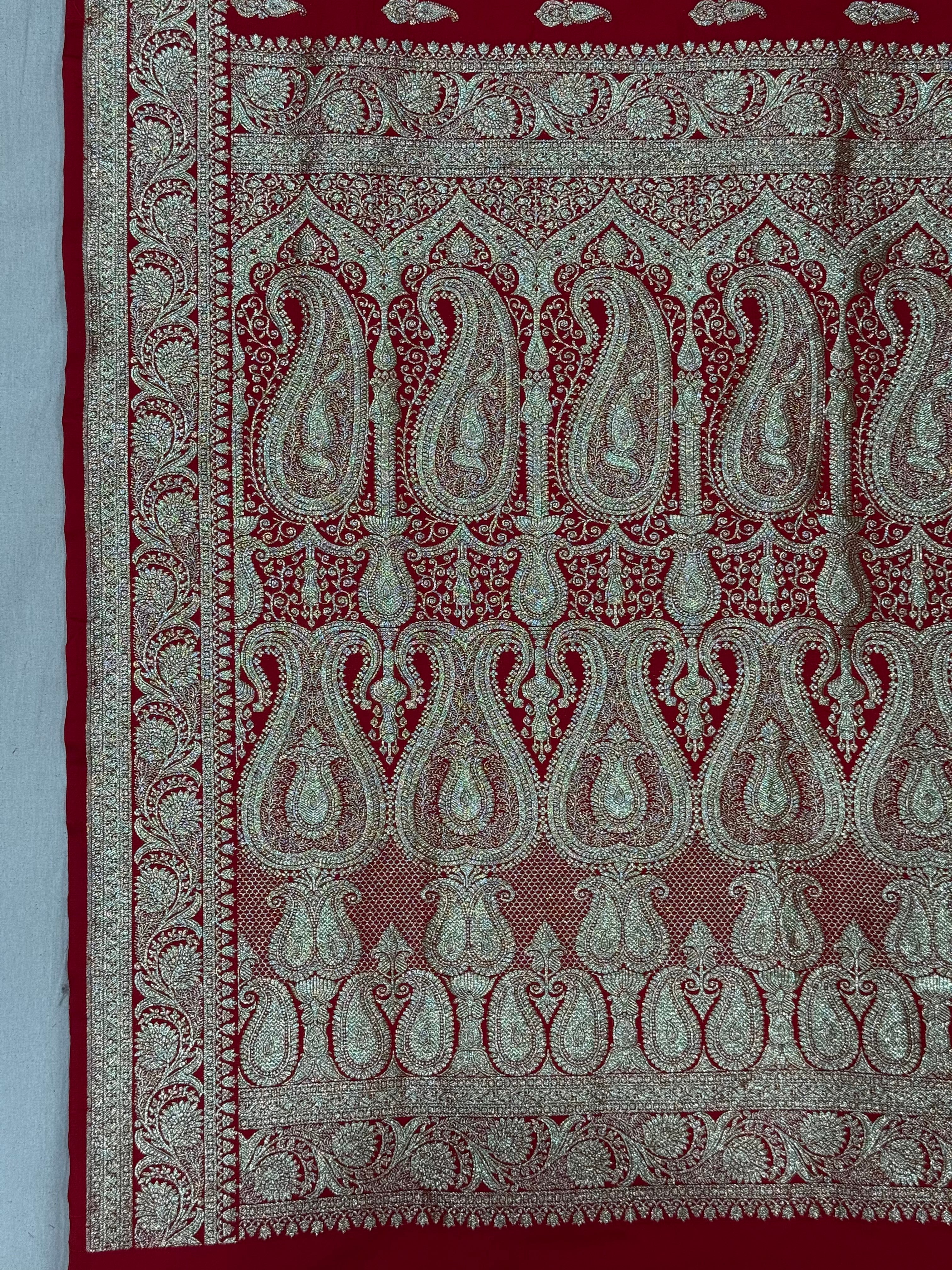 Crimson Red Banarasi Mashru Katan Silk Saree