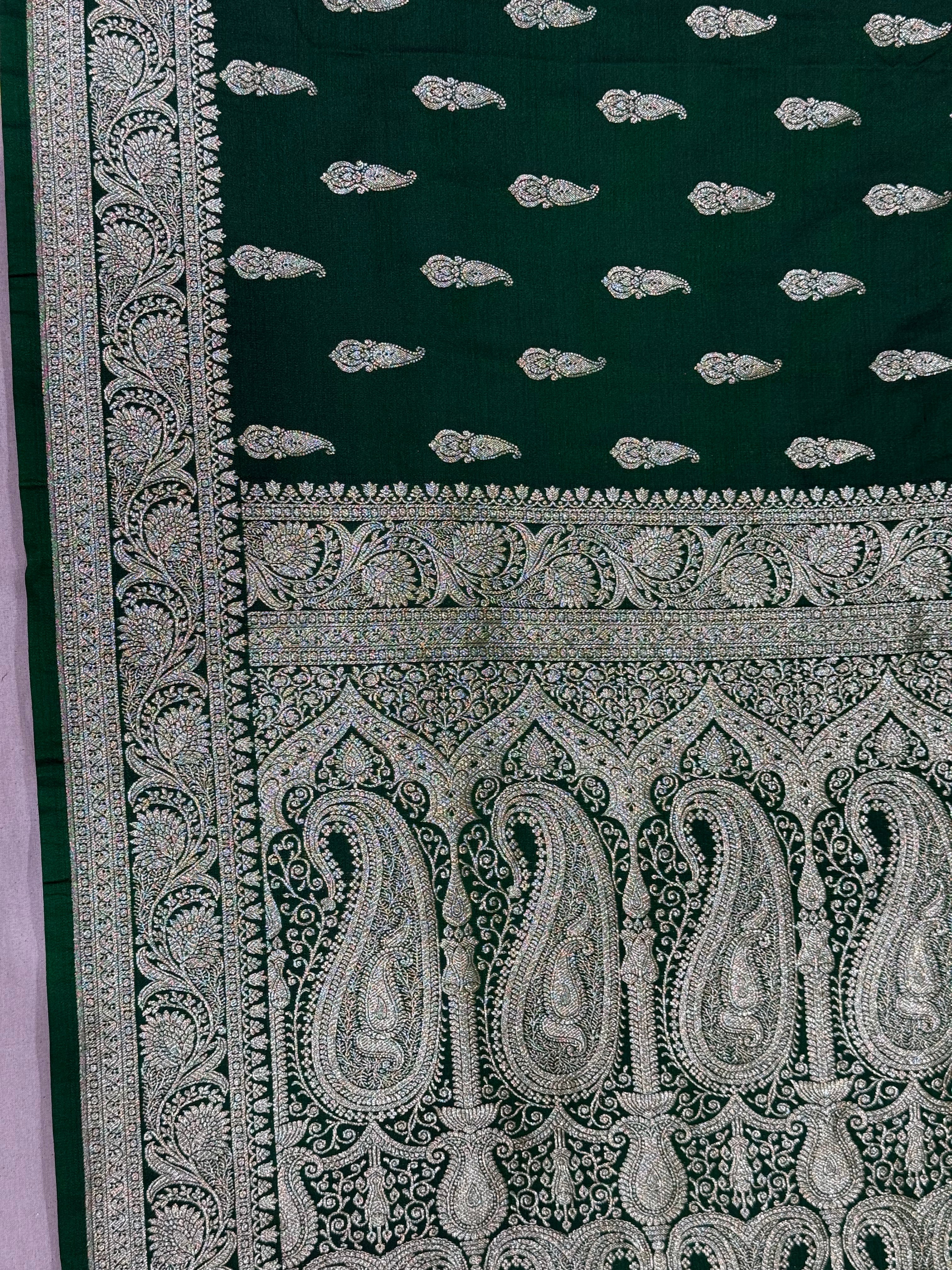 Deep Emerald Green Banarasi Mashru Katan Silk Saree
