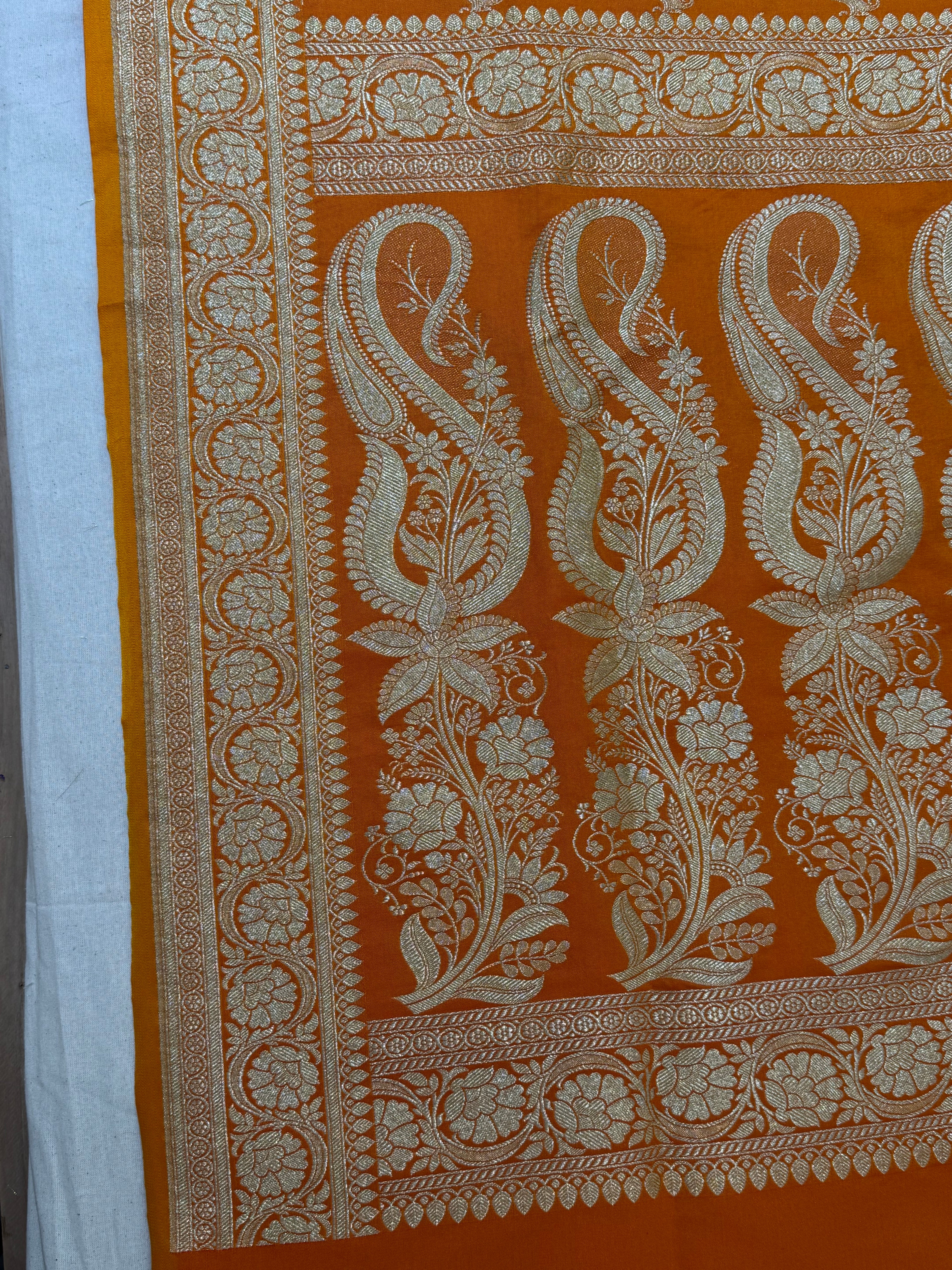Rust Orange Banarasi Mashru Katan Silk Saree