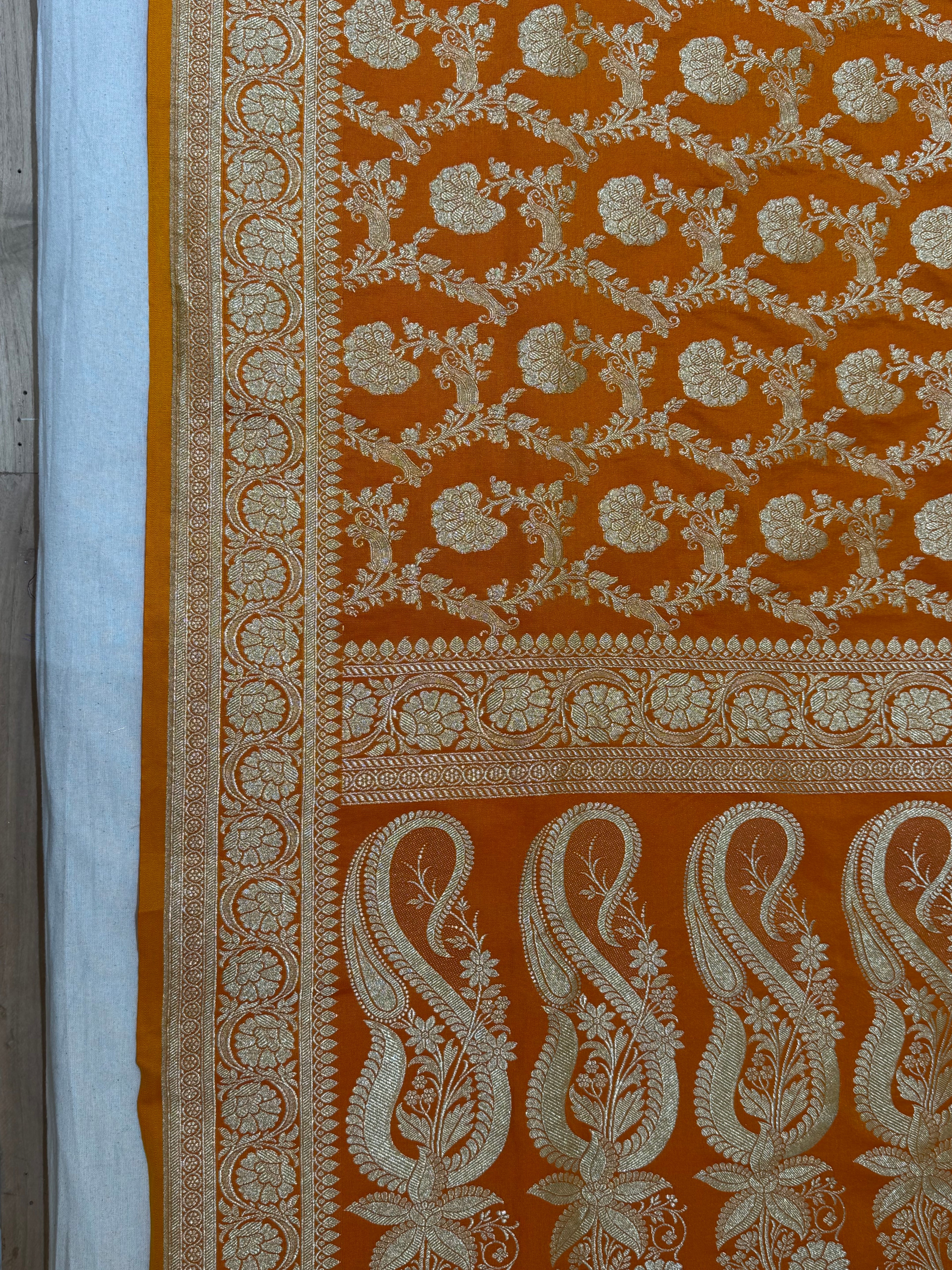 Rust Orange Banarasi Mashru Katan Silk Saree
