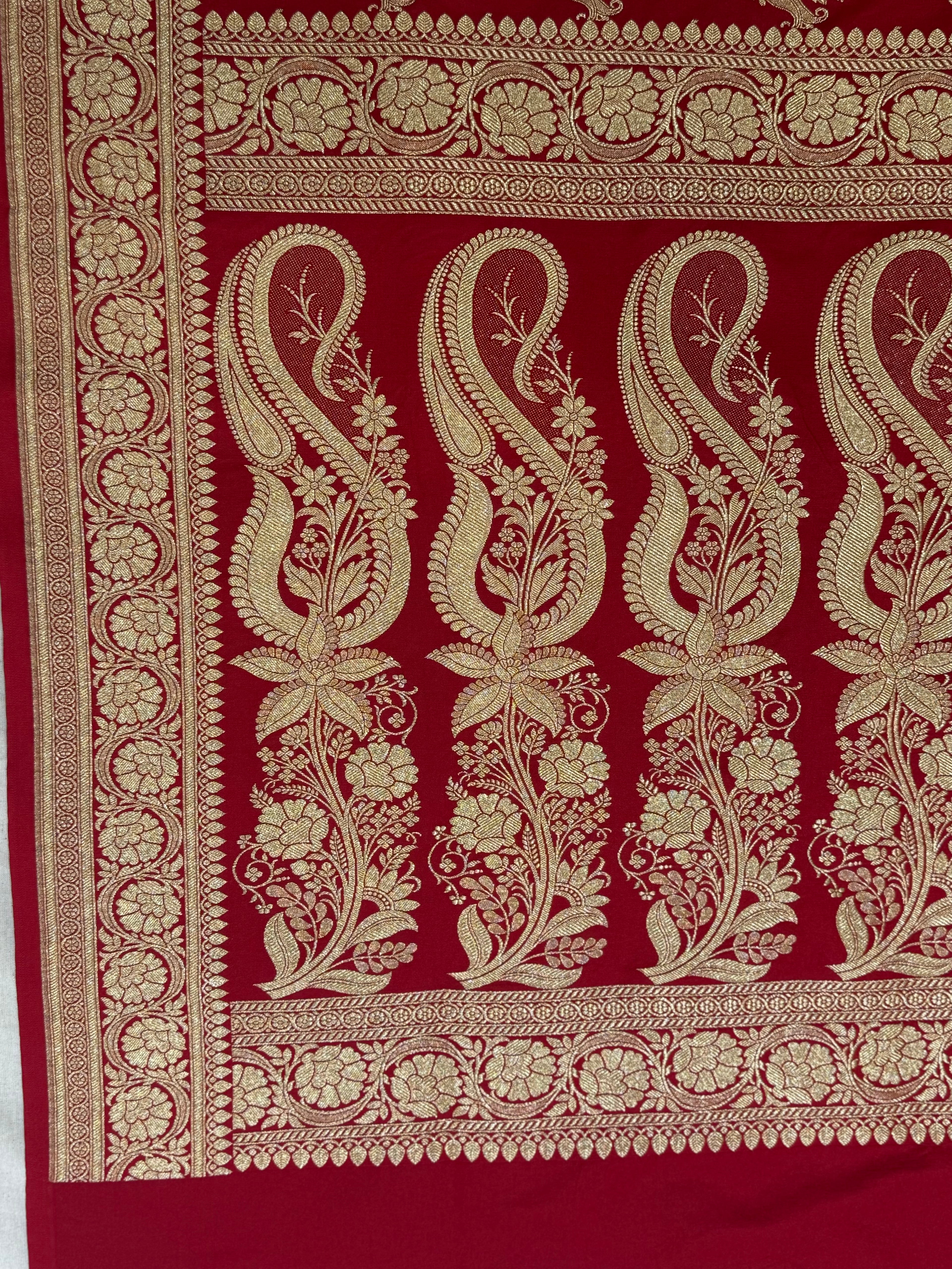 Crimson Red Banarasi Mashru Katan Silk Saree