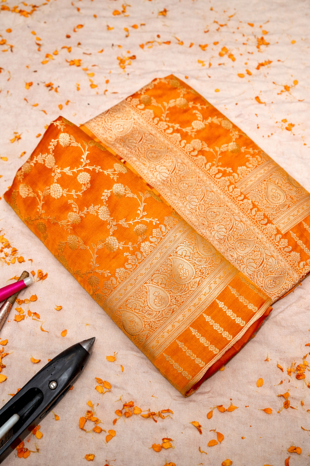 ROYAL SUNSET ORANGE BANARASI MASHRU KATAN SILK SAREE