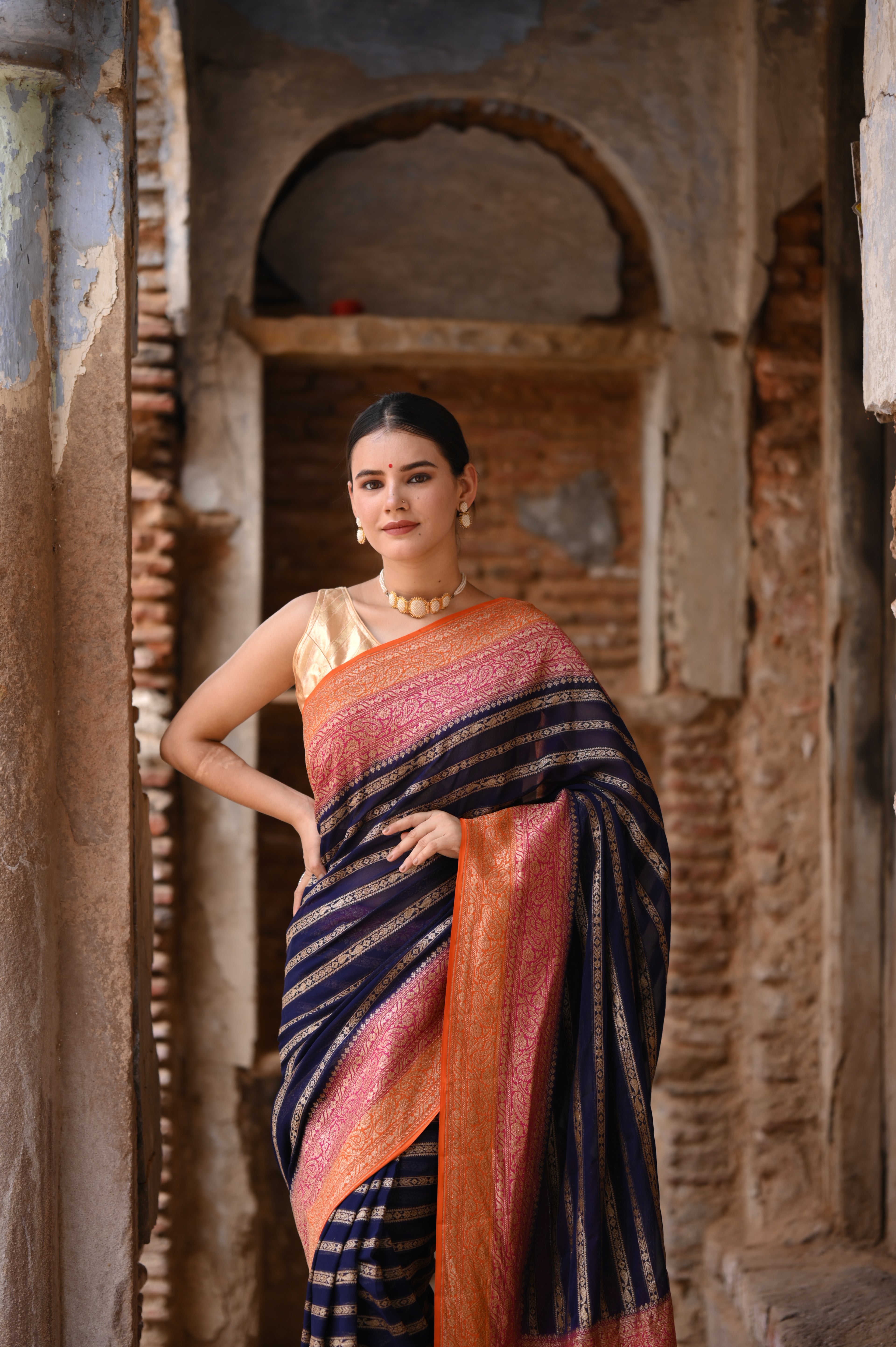 Deep Blue Khaddi Chiffon Handwoven Banarasi Saree