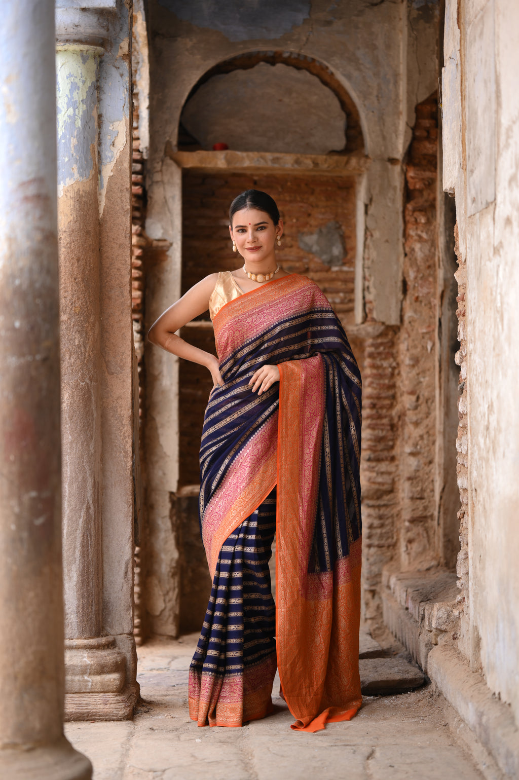 Deep Blue Khaddi Chiffon Handwoven Banarasi Saree