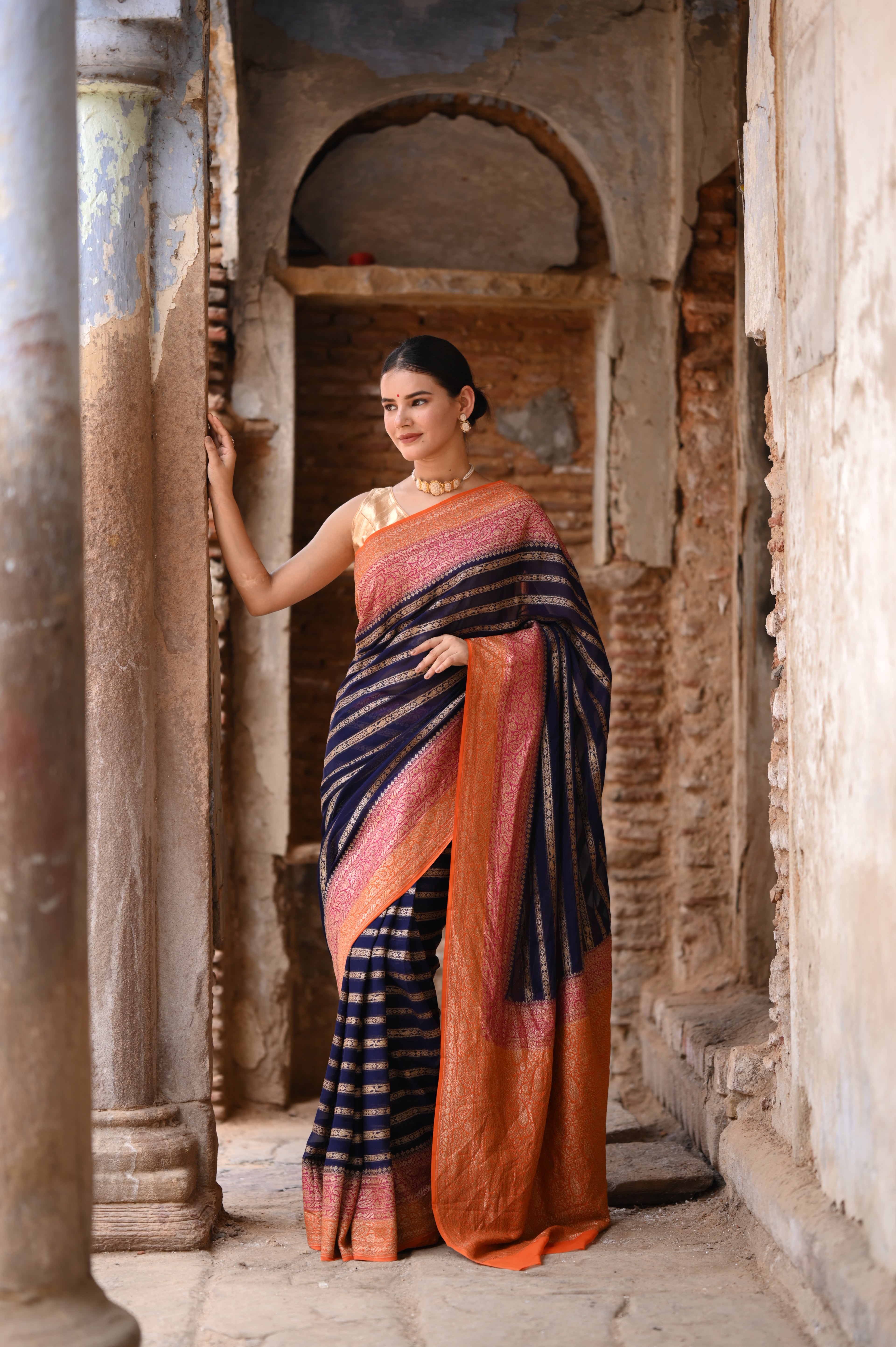 Deep Blue Khaddi Chiffon Handwoven Banarasi Saree
