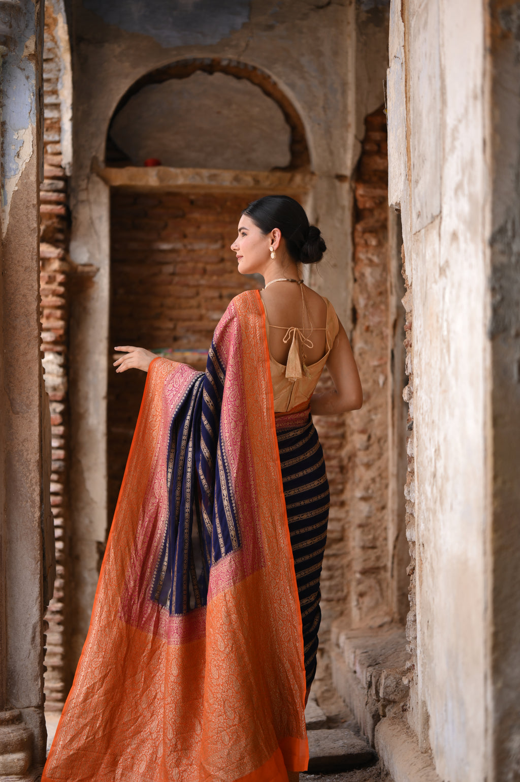 Deep Blue Khaddi Chiffon Handwoven Banarasi Saree