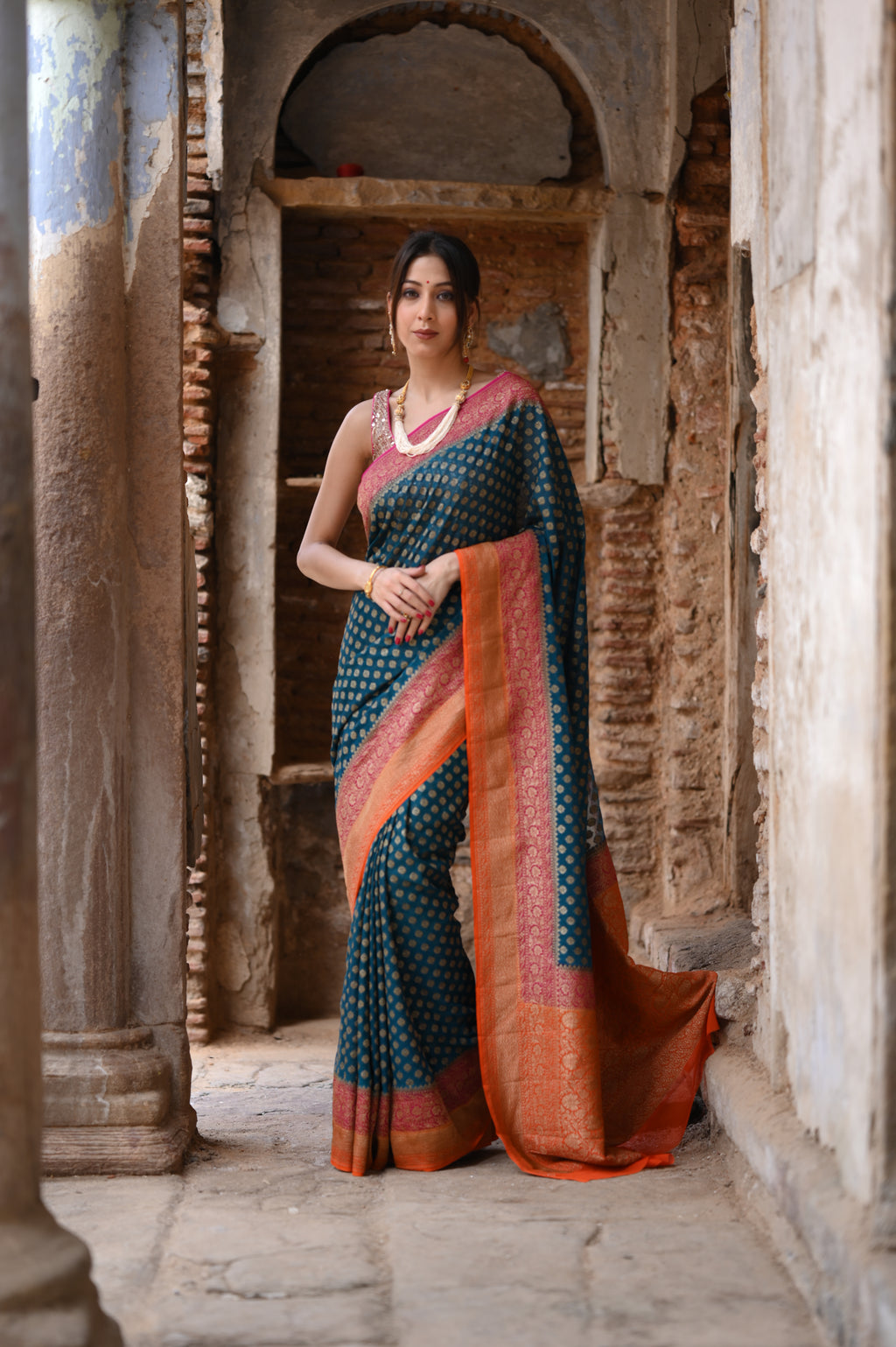 Deep Sea Green Khaddi Chiffon Handwoven Banarasi Saree