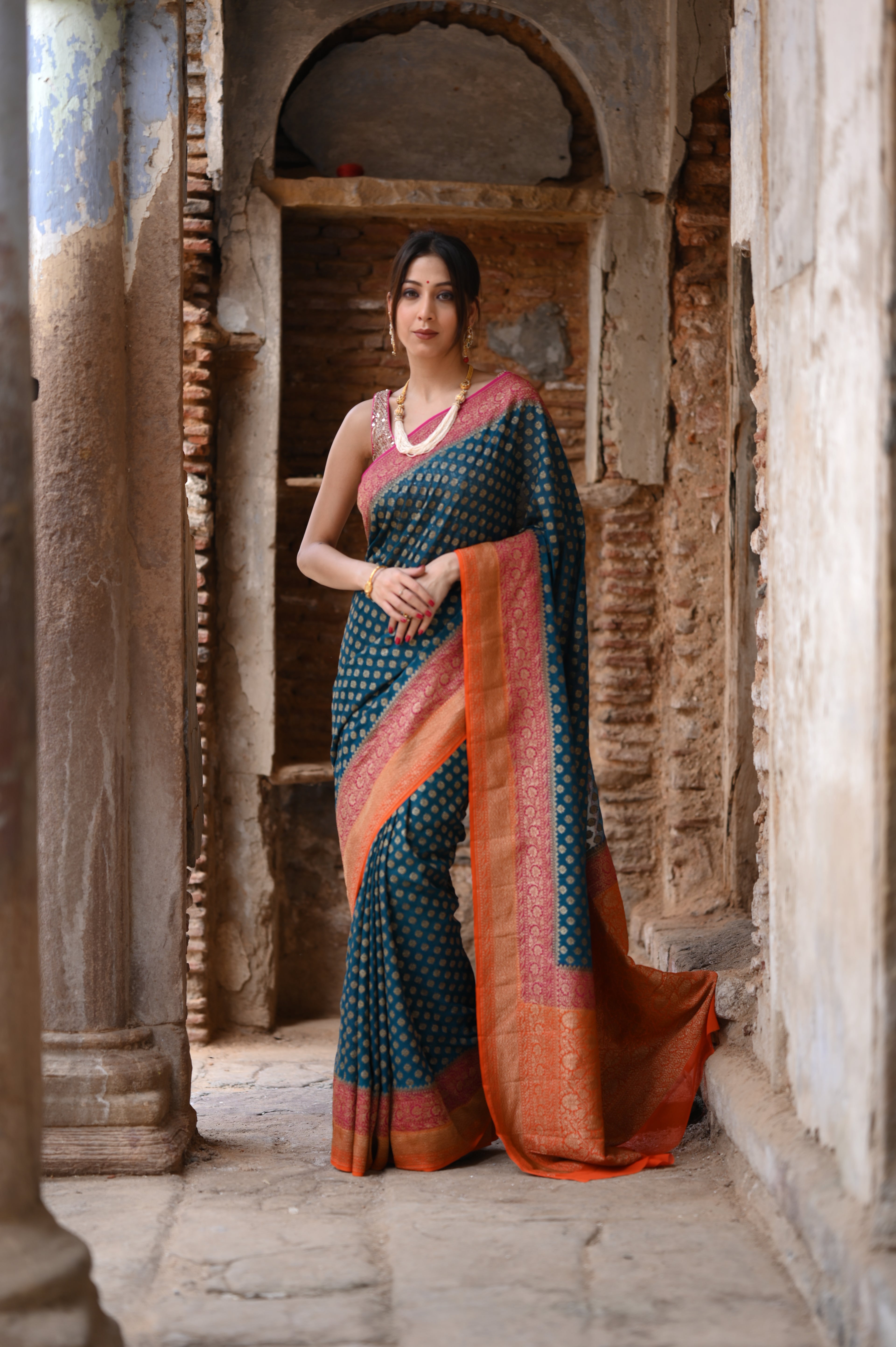 Deep Sea Green Khaddi Chiffon Handwoven Banarasi Saree