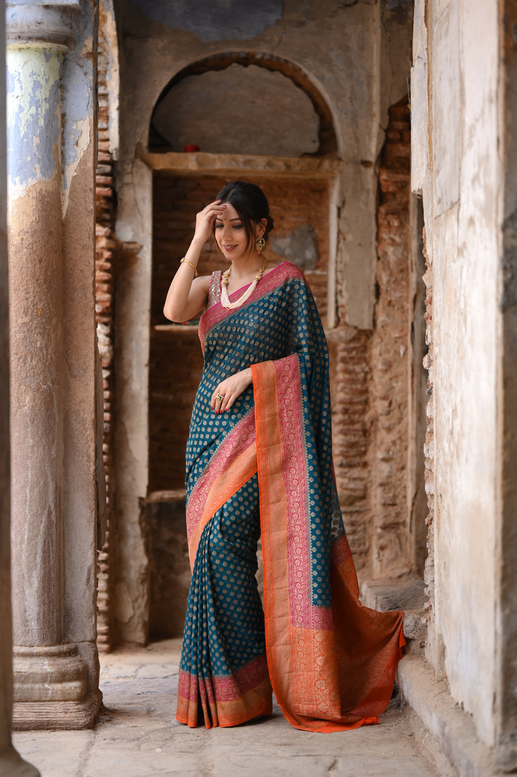 Deep Sea Green Khaddi Chiffon Handwoven Banarasi Saree